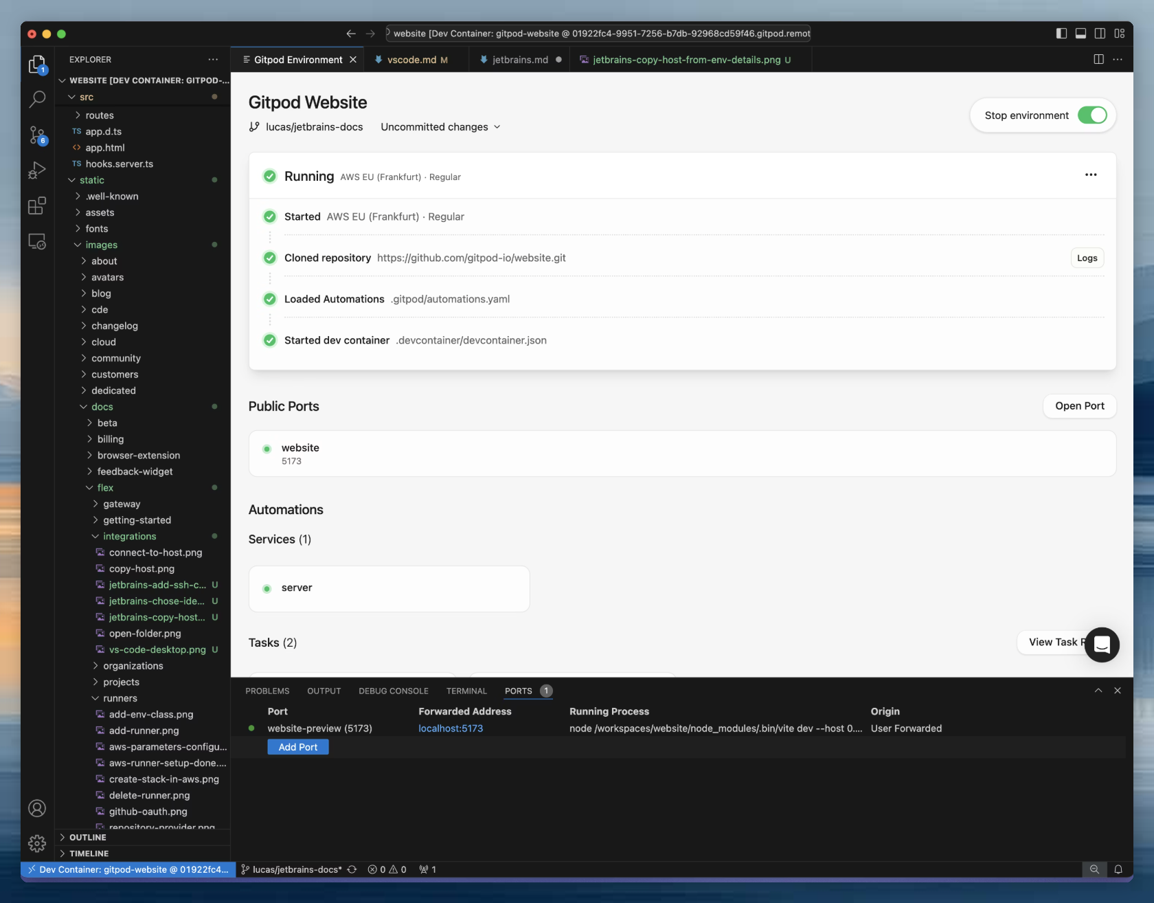 VS Code desktop connected to an Ona environment showing project files and editor