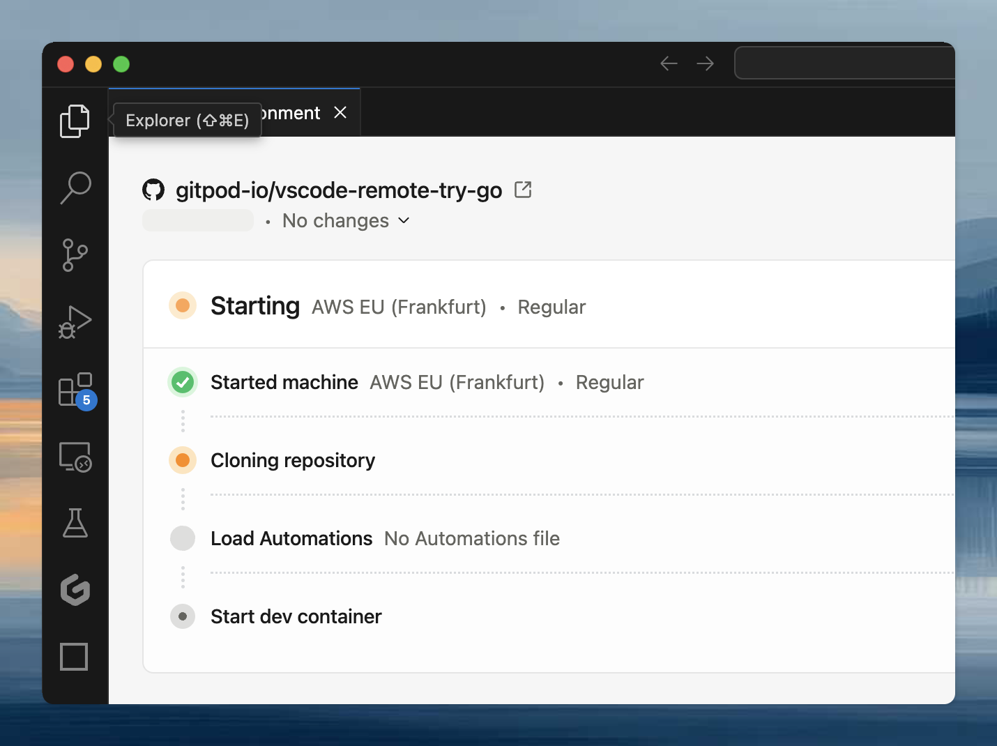 VS Code environment details panel showing status, branch, and logs