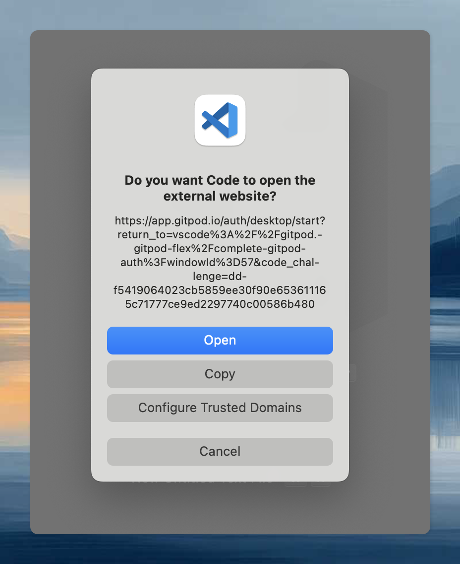 VS Code dialog prompting to open Ona authentication page