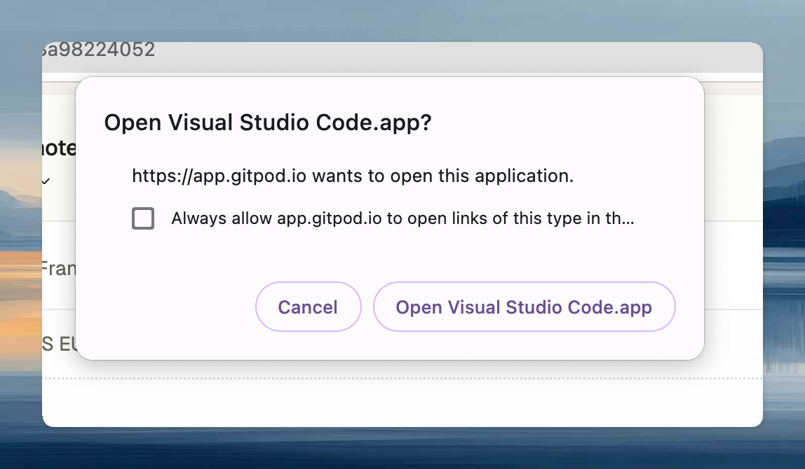 System dialog asking to open VS Code application