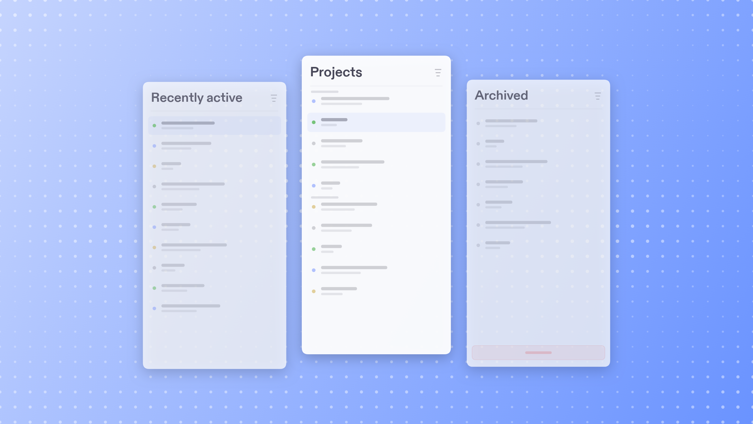 Three sidebar view cards shuffling between Project, Recently Active, and Archived views