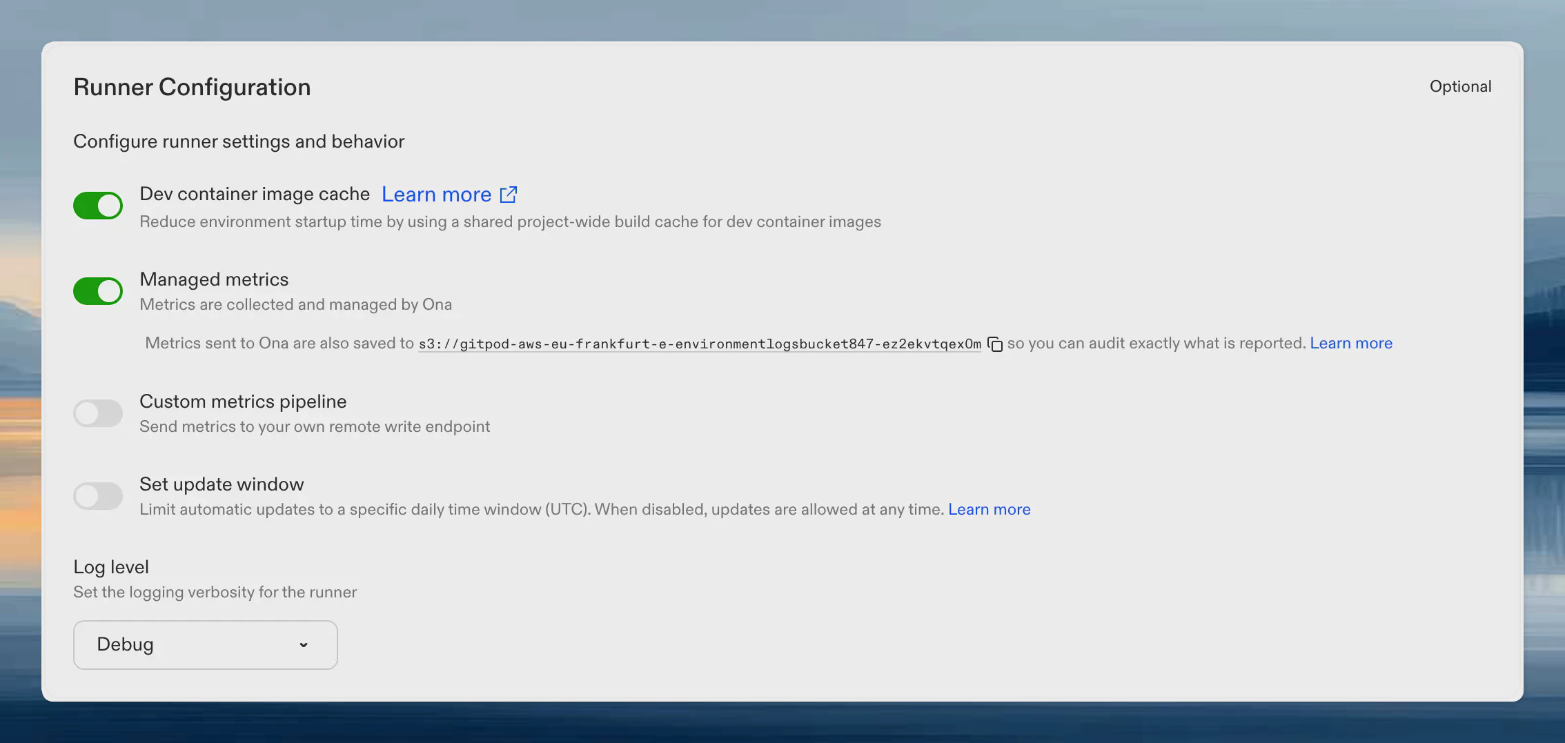 Runner settings showing the metrics audit bucket URI with a copy button