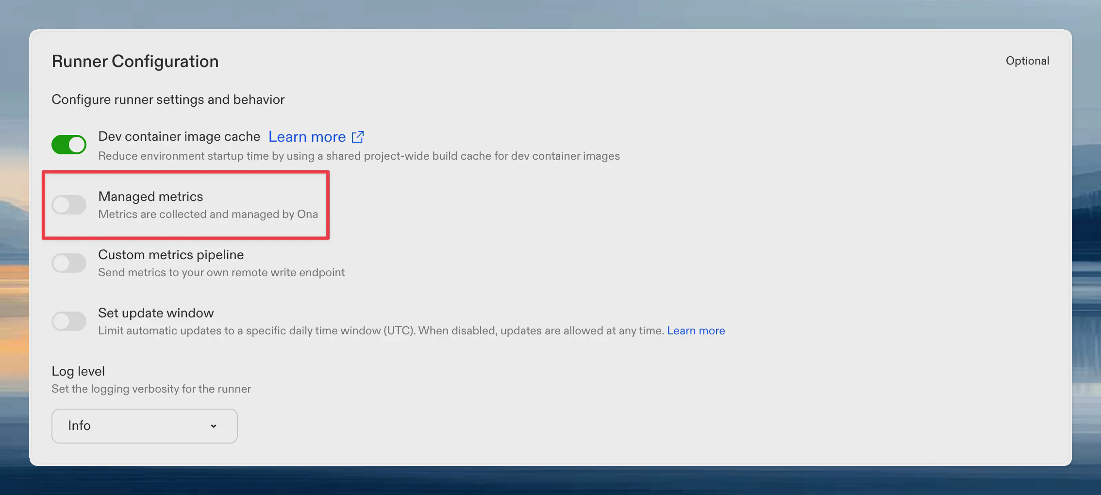 Runner settings showing the Ona managed metrics toggle