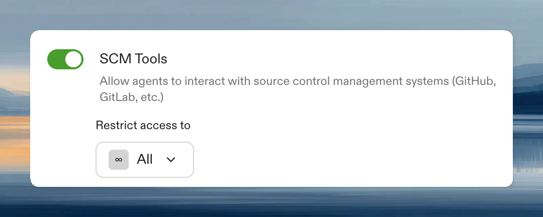 SCM tools settings showing options to enable for all members, specific groups, or disabled