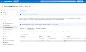 Microsoft Entra ID Certificates and secrets page for creating a new client secret