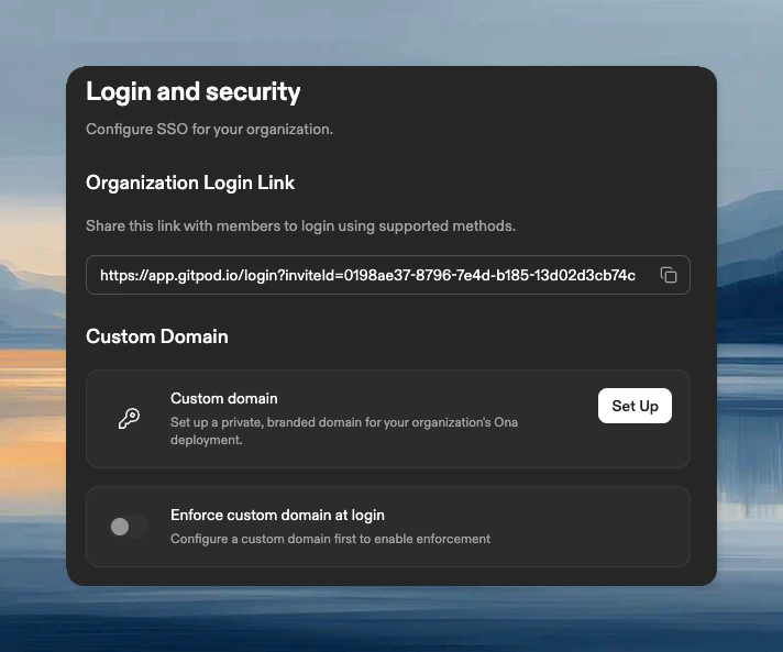 Organization settings Login and security page showing Custom Domain setup option