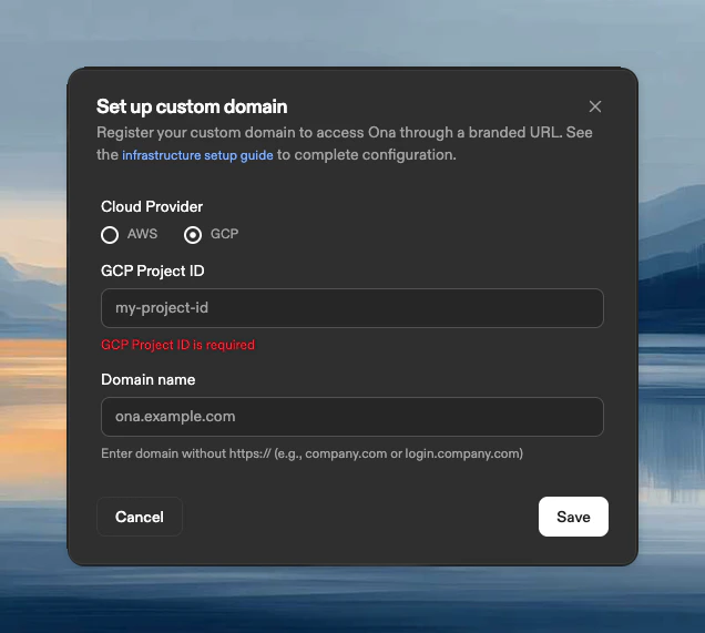GCP custom domain configuration form with fields for GCP Project ID and domain name