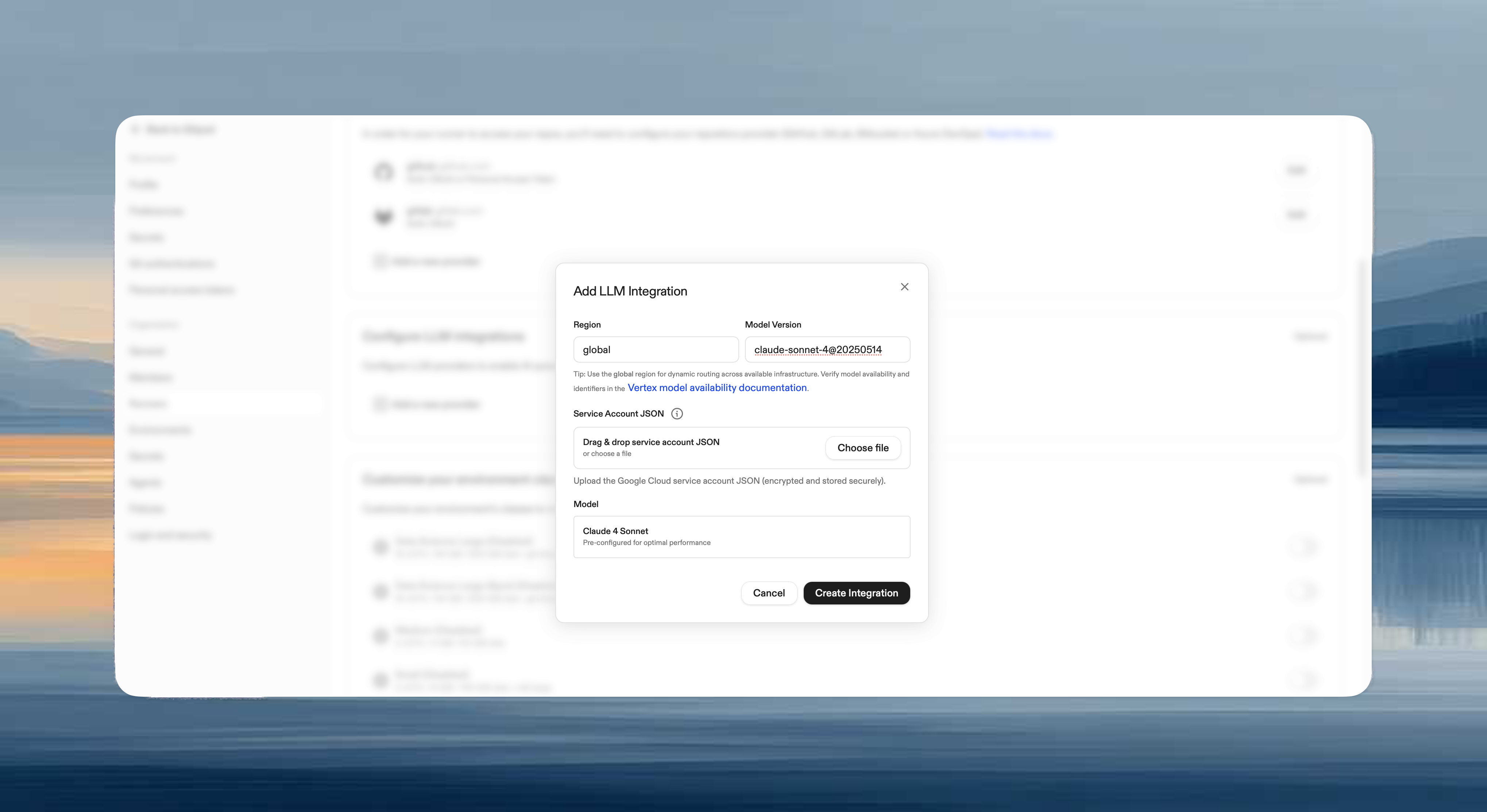 LLM integration form with fields for region, model version, and service account JSON upload