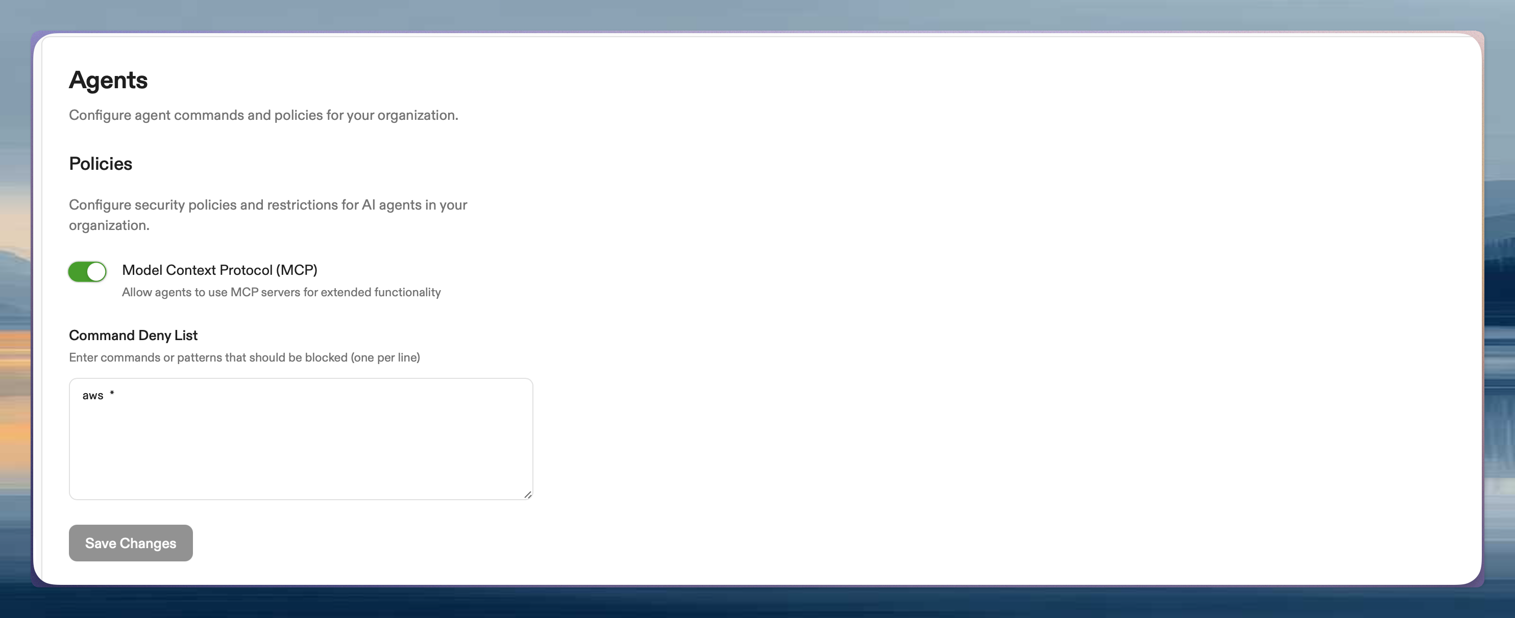 Agents settings page showing Command Deny List text area with blocked command patterns
