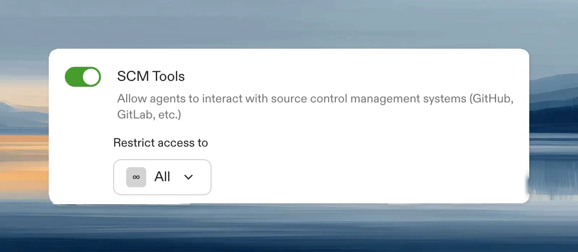 SCM tools settings showing options to enable for all members, specific groups, or disabled
