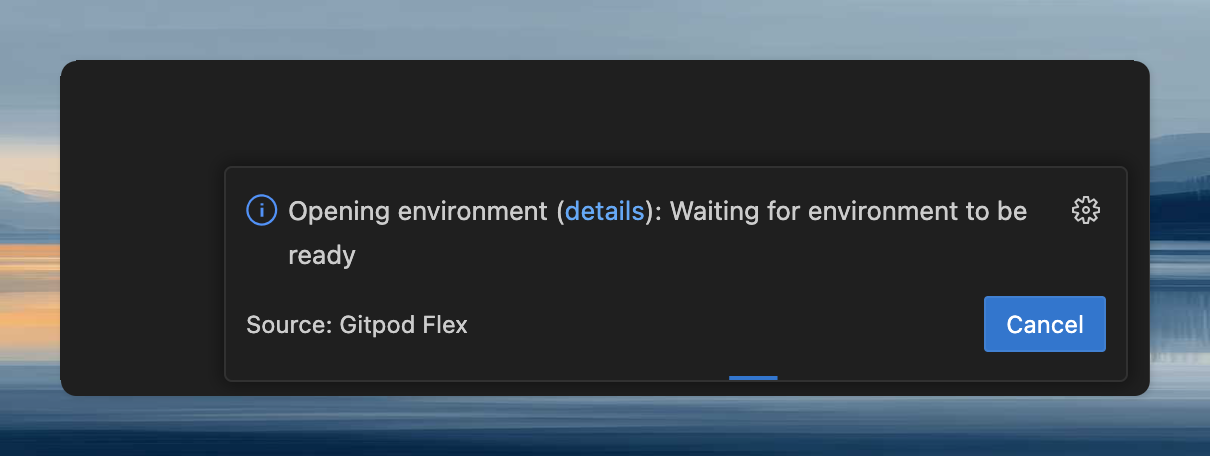 VS Code notification showing environment connection progress with details link