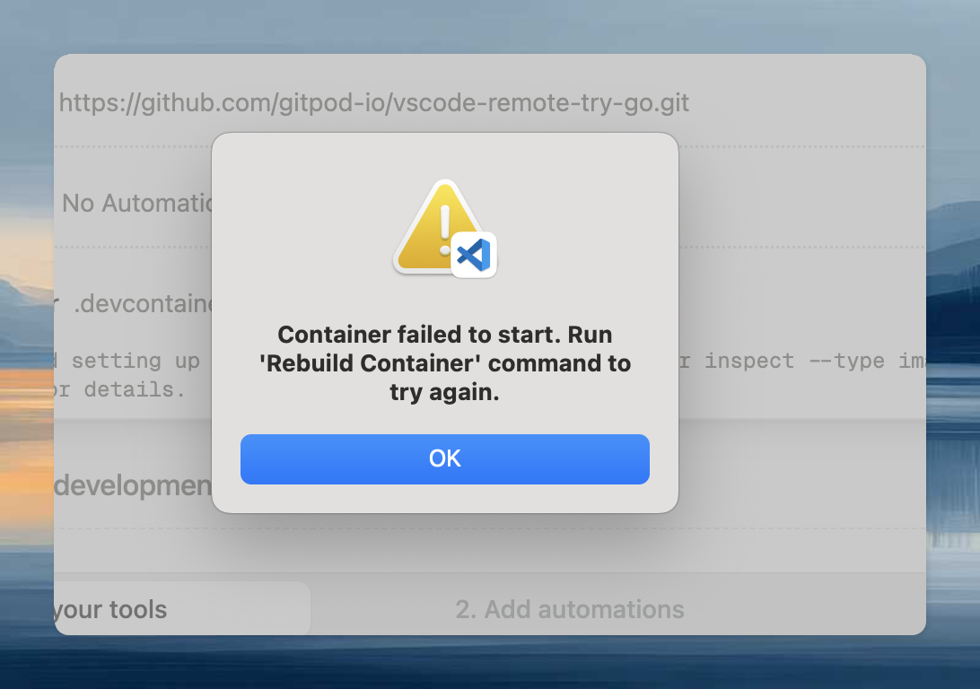 VS Code modal notifying of Dev Container build failure