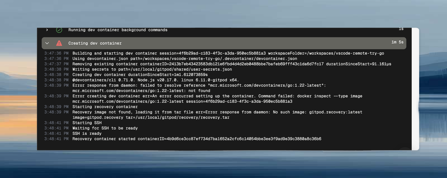VS Code output showing detailed build failure logs