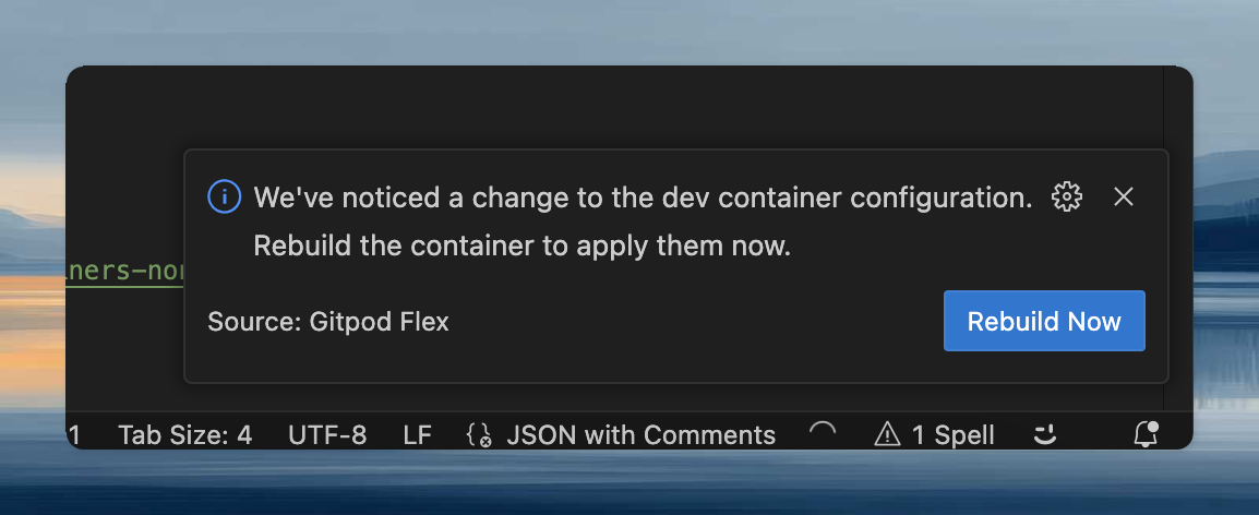 VS Code notification prompting to rebuild the Dev Container after configuration changes