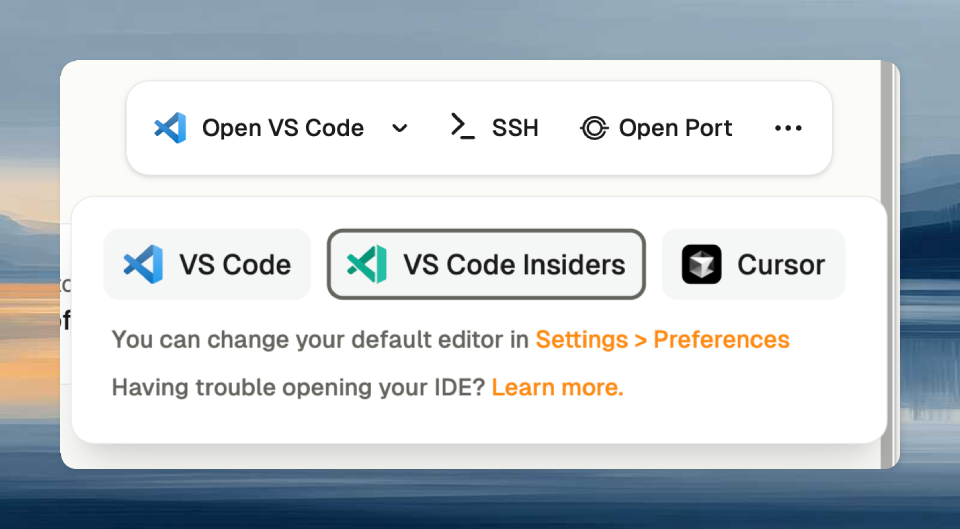 Editor dropdown showing VS Code Insiders option
