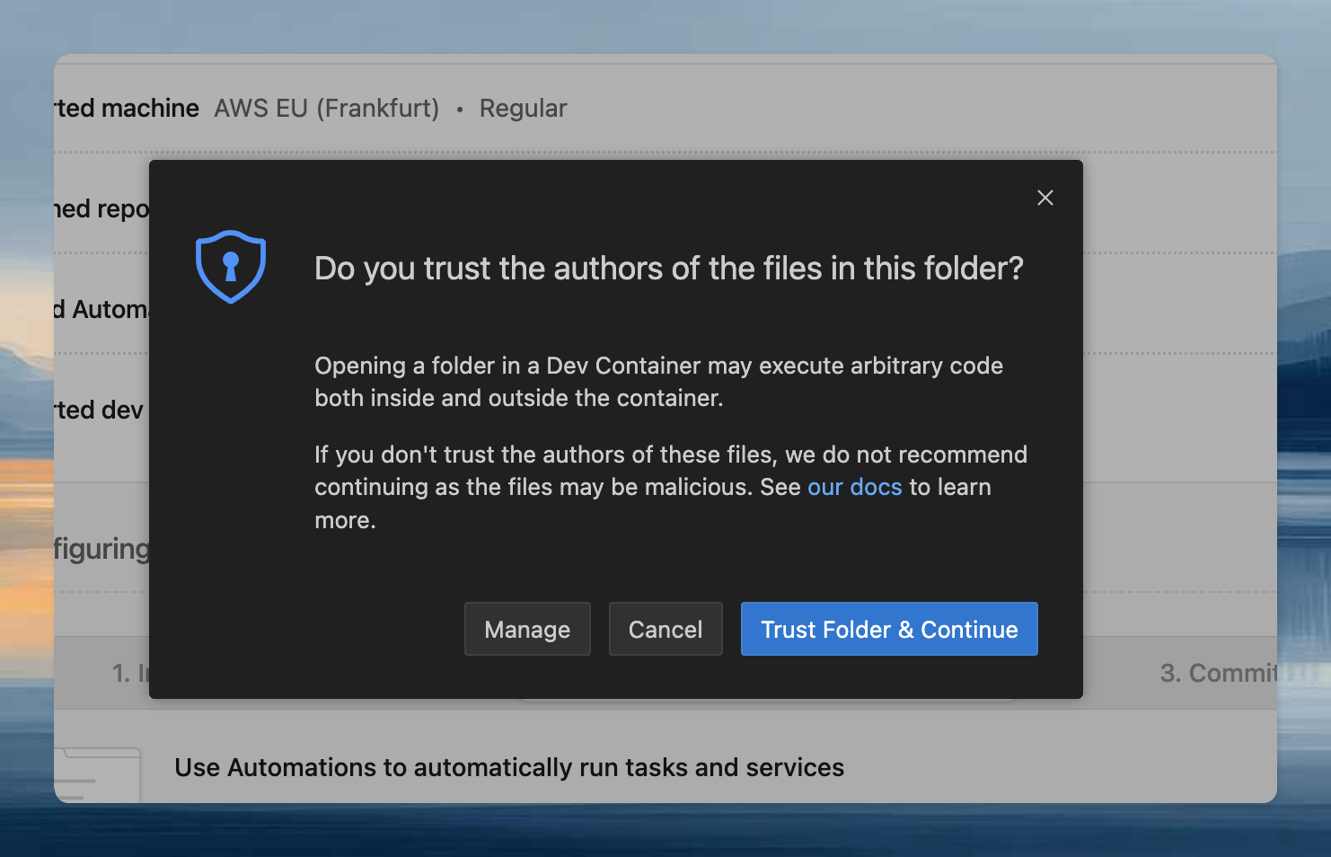 VS Code workspace trust dialog asking to trust the folder