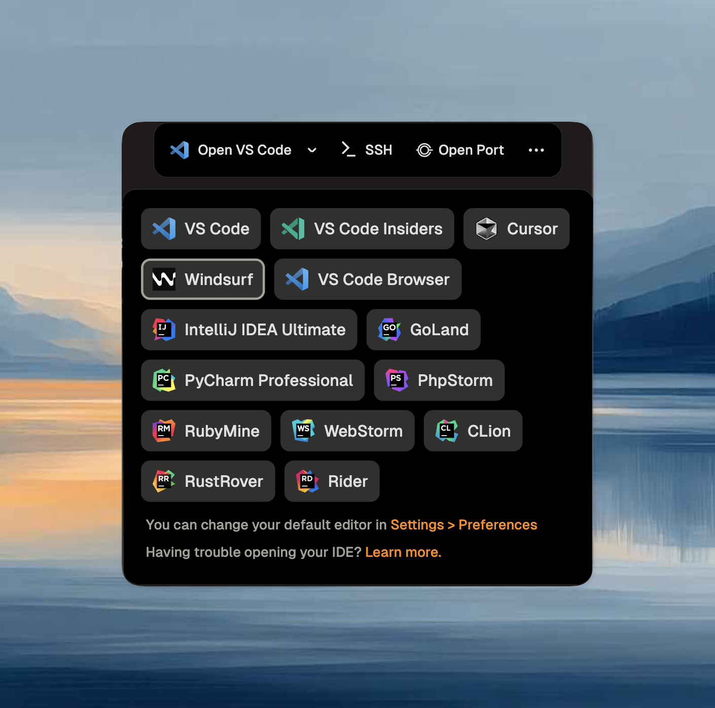 Editor dropdown showing Windsurf option in the action bar