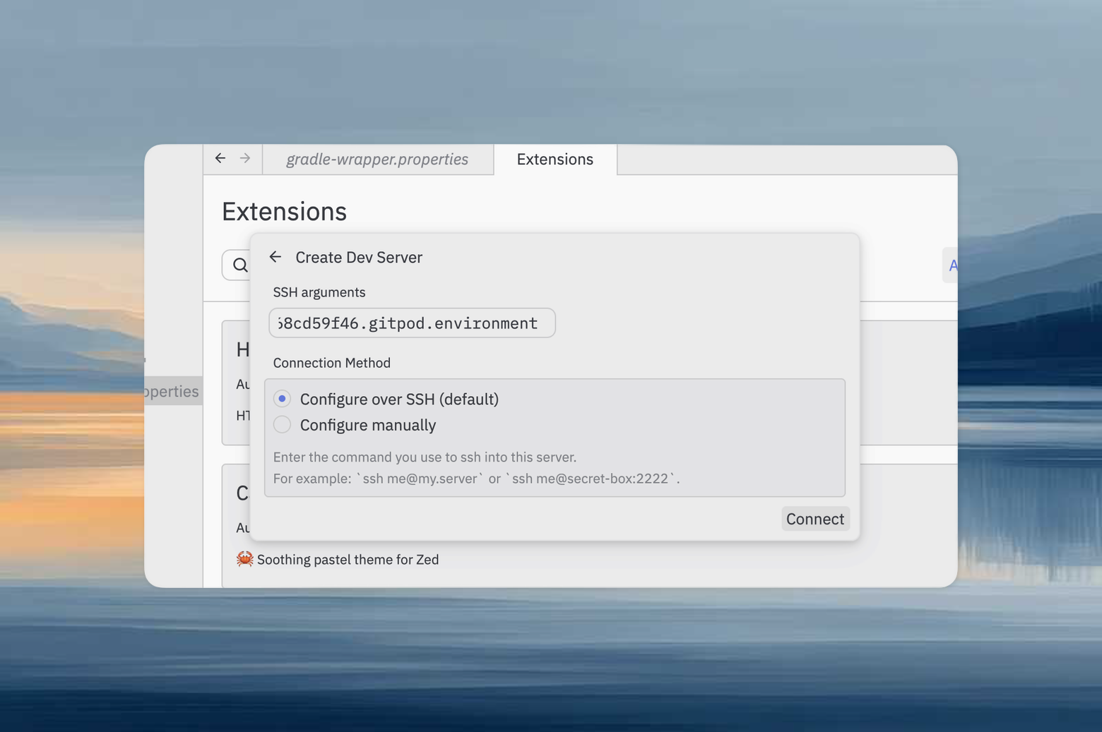 Zed remote projects dialog with SSH connection field