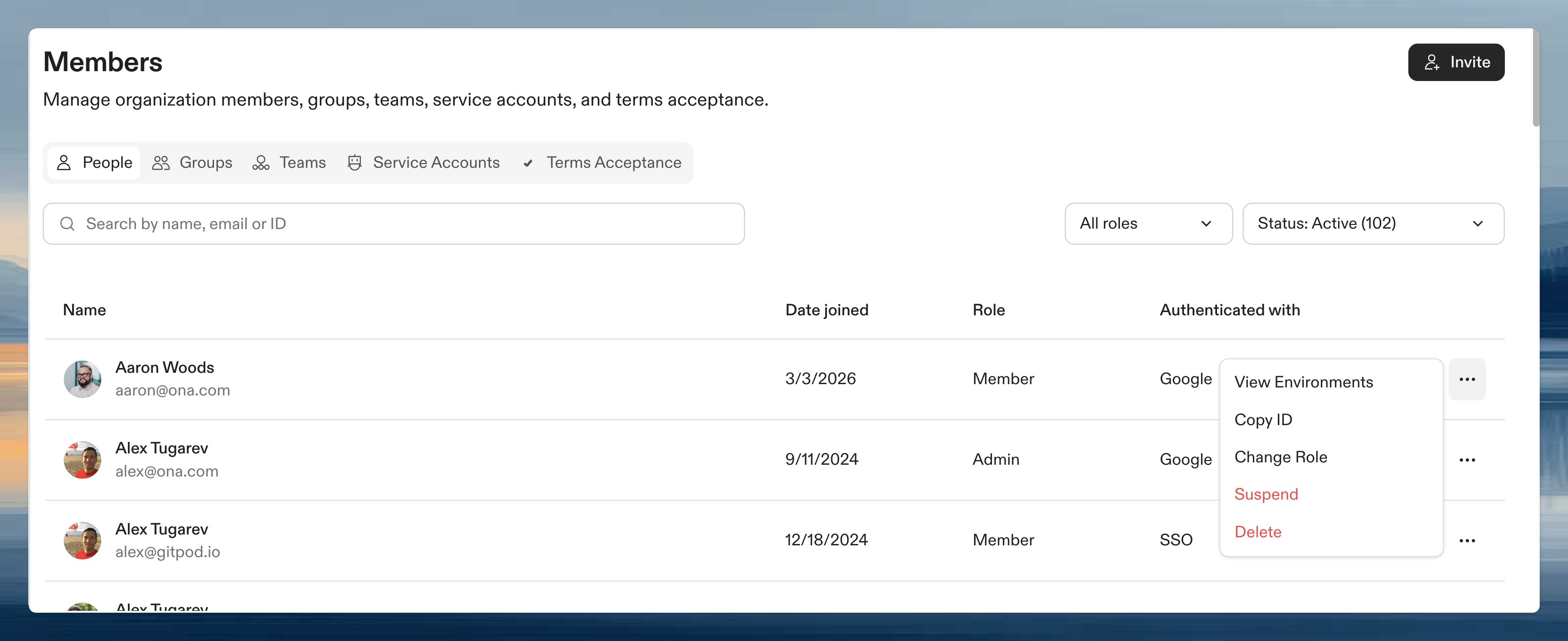 Member actions menu showing View Environments, Copy ID, Change Role, Suspend, and Delete options