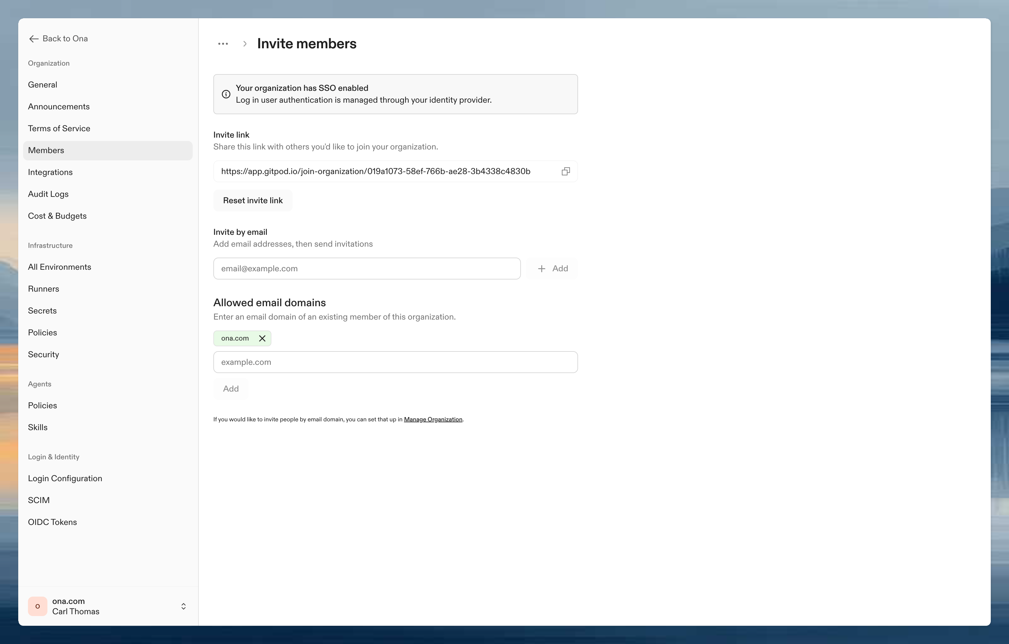 Invite members page showing invite link, invite by email, and allowed email domains options