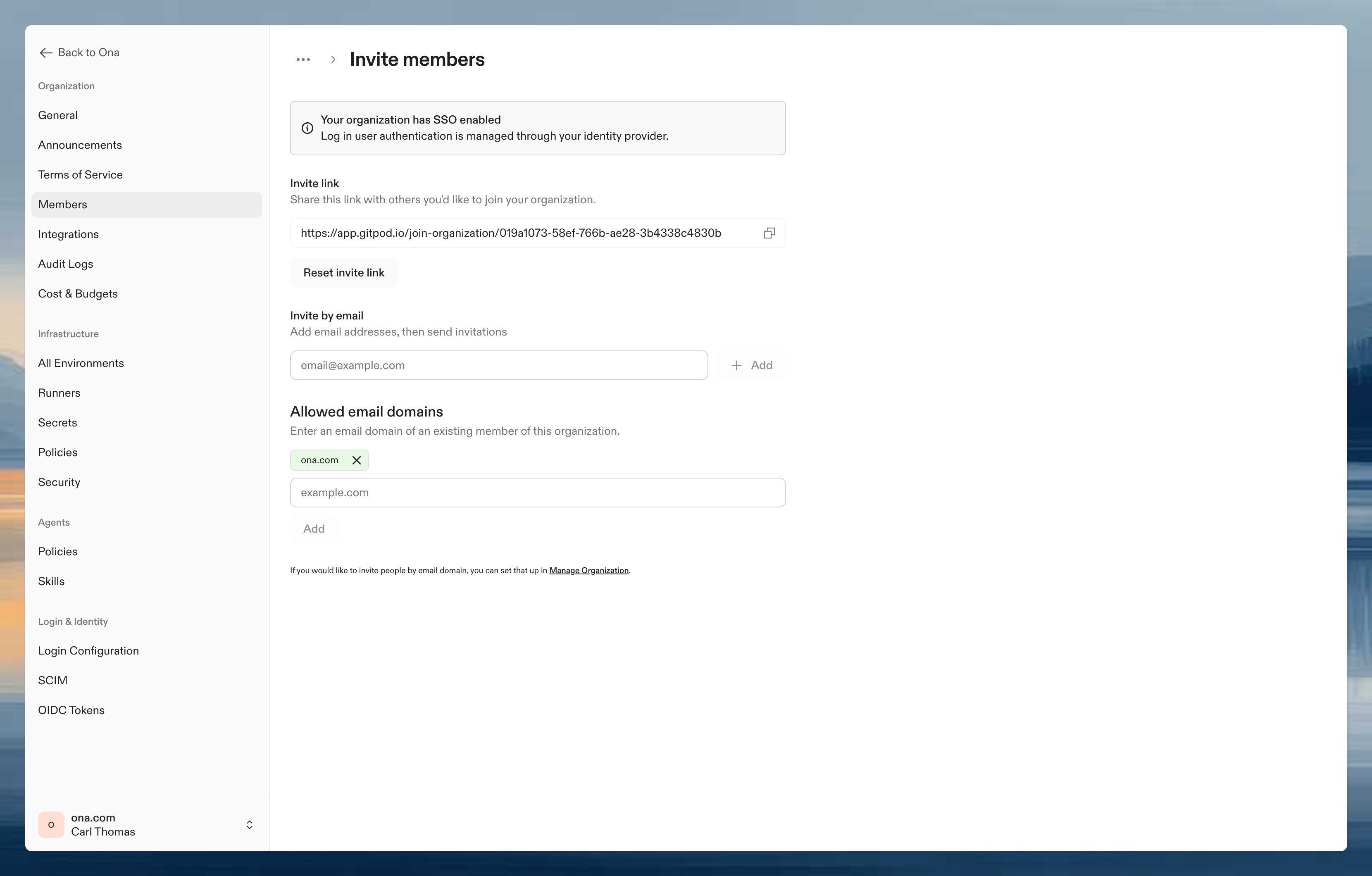 Invite members page showing invite link, invite by email, and allowed email domains options