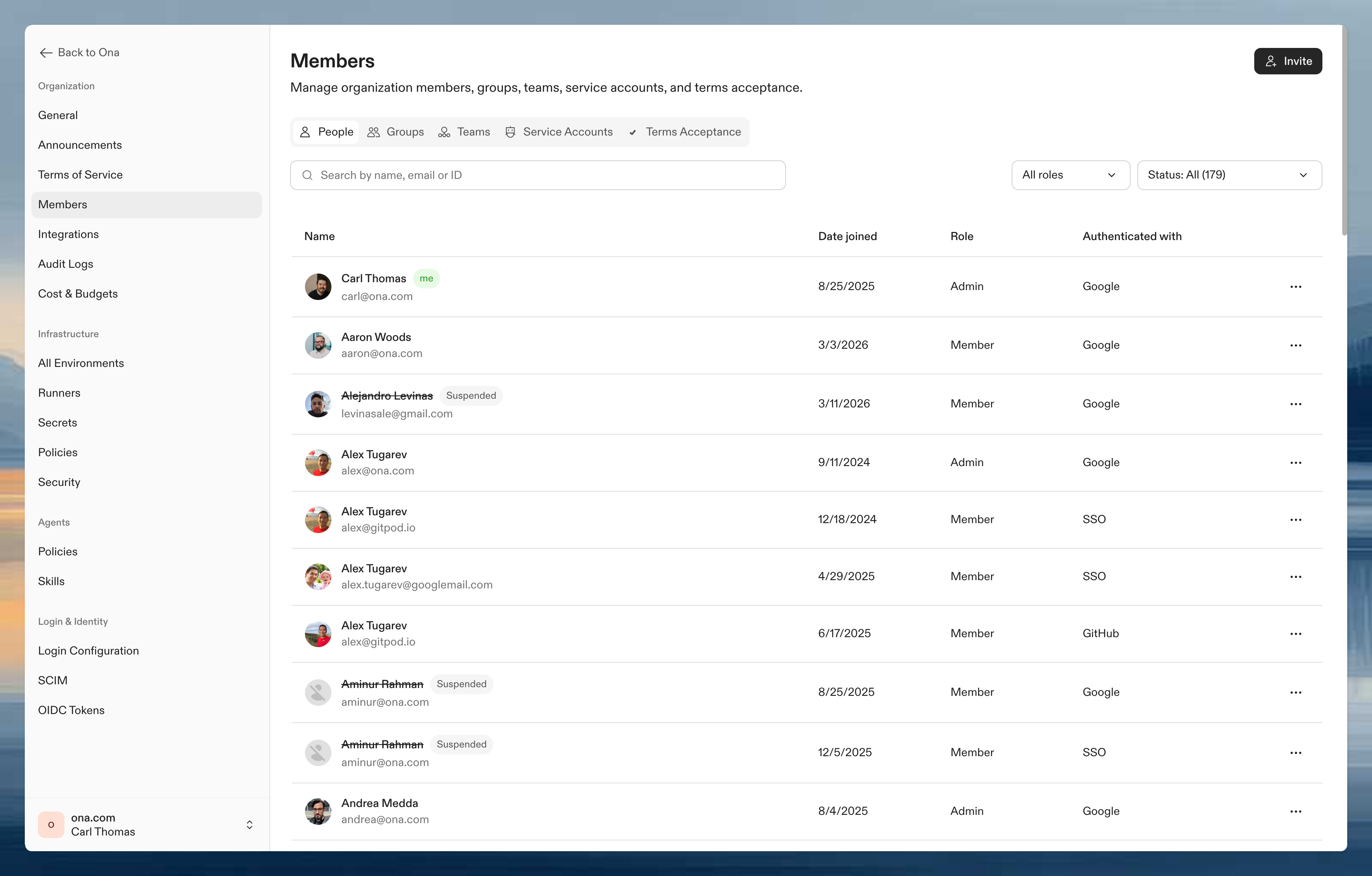 Members page showing the People tab, member list, filters, and Invite button