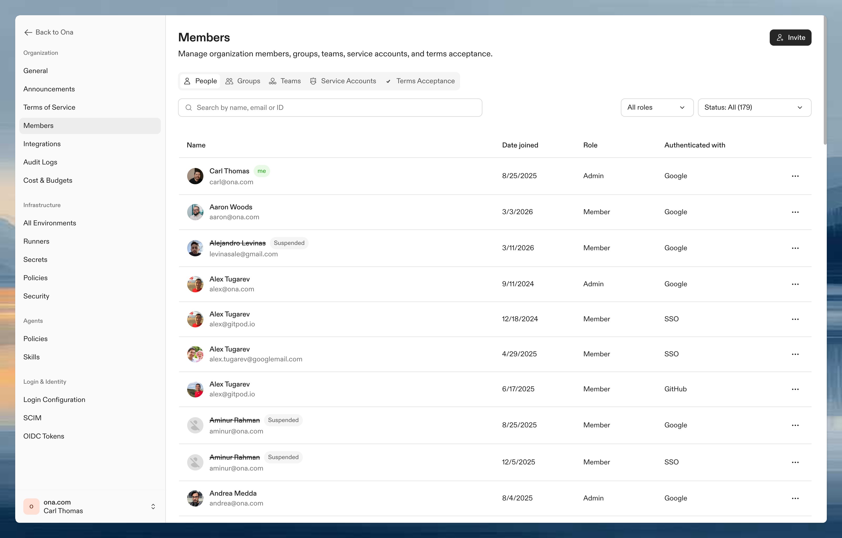 Members page showing the People tab, member list, filters, and Invite button
