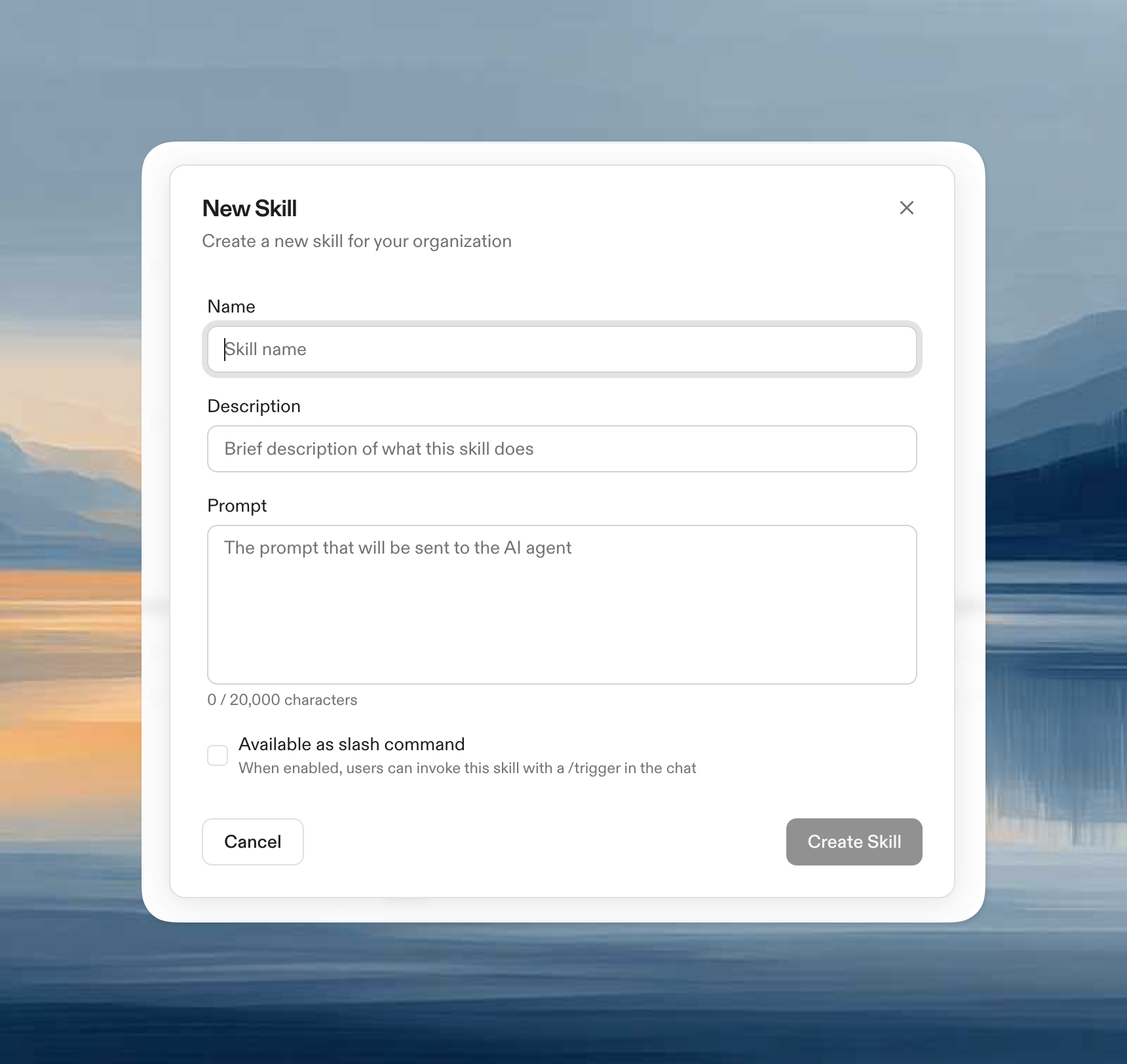 Ona settings interface for creating a new skill with name, description, prompt, and optional slash command trigger