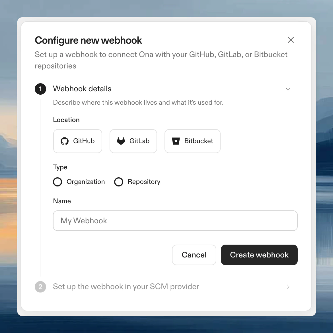 Configure new webhook dialog