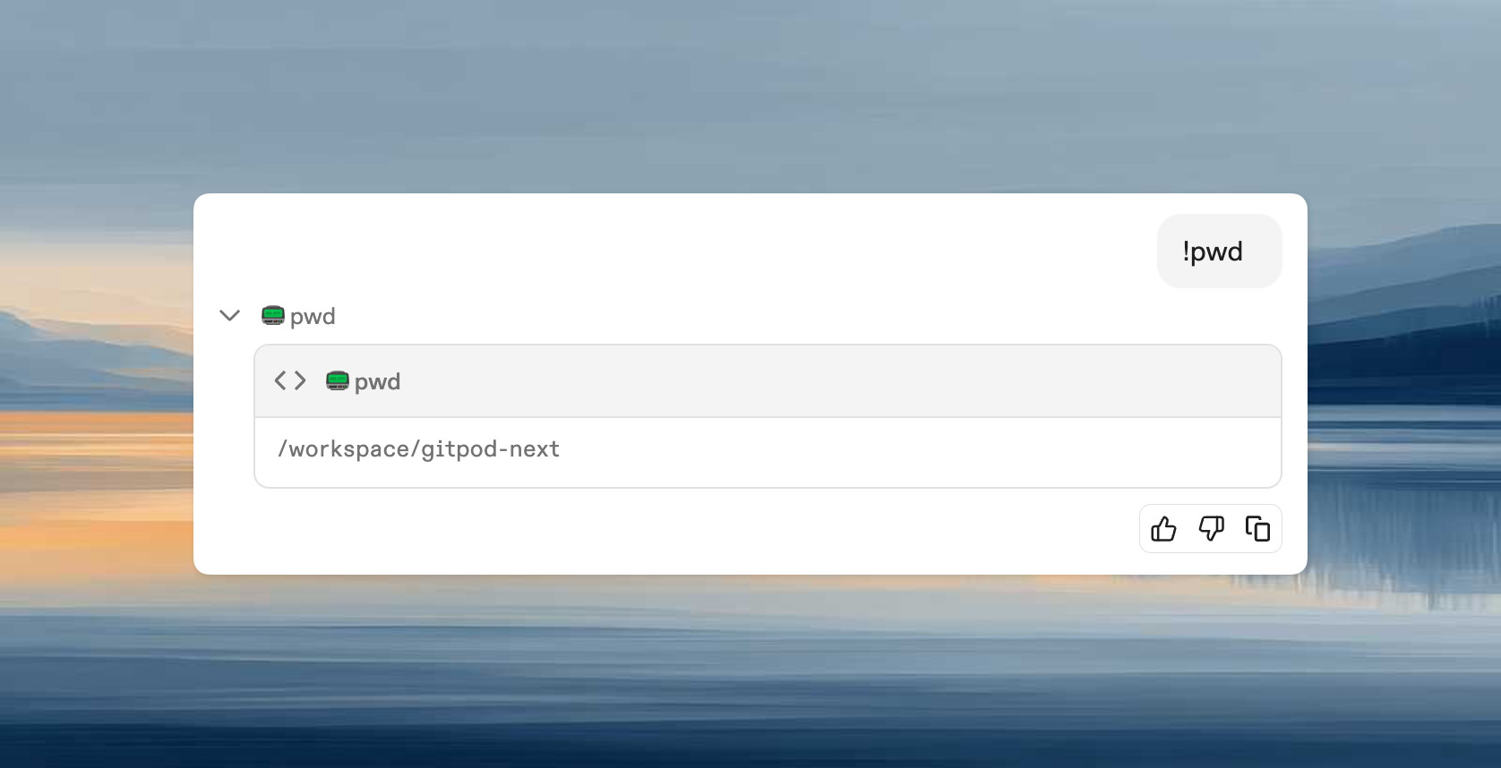 Bang command execution showing !pwd command running directly in Ona interface