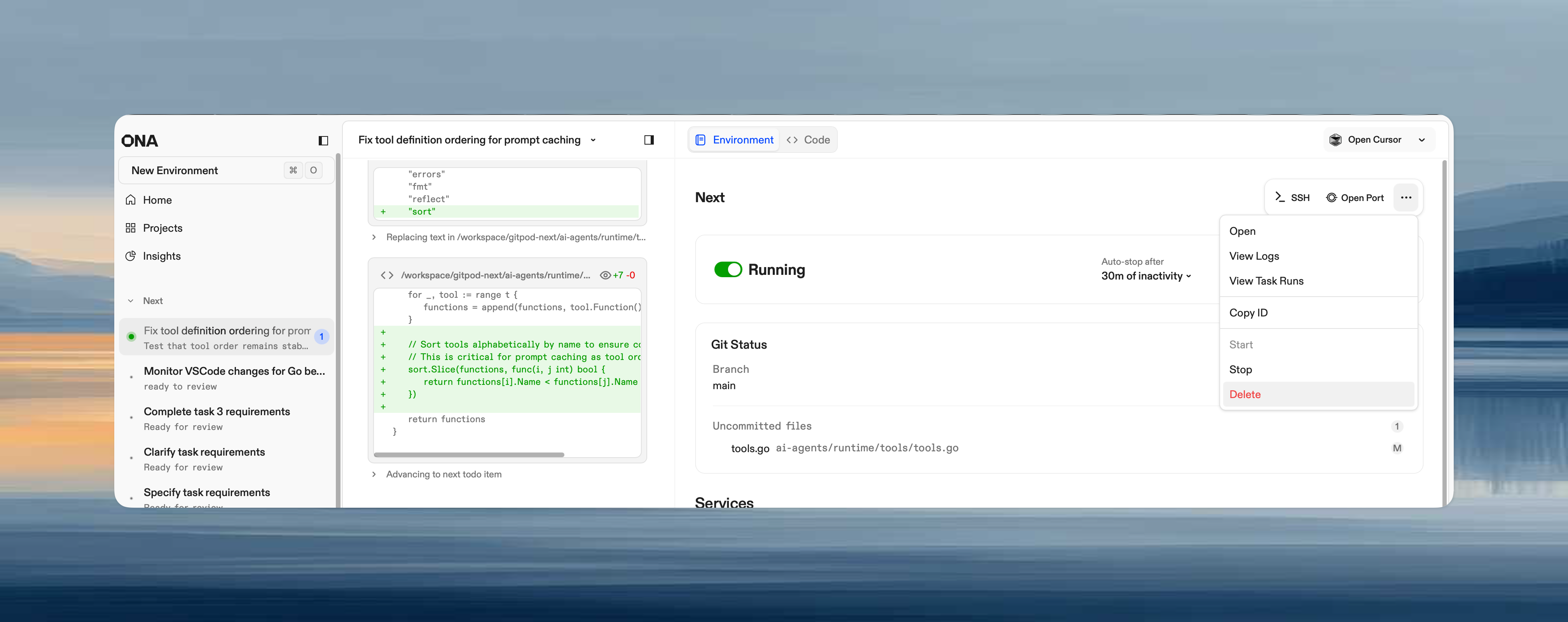 Environment management showing one environment per task