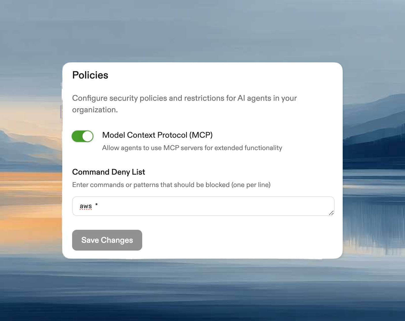 Policies configuration showing MCP toggle and Command Deny List with aws * blocked