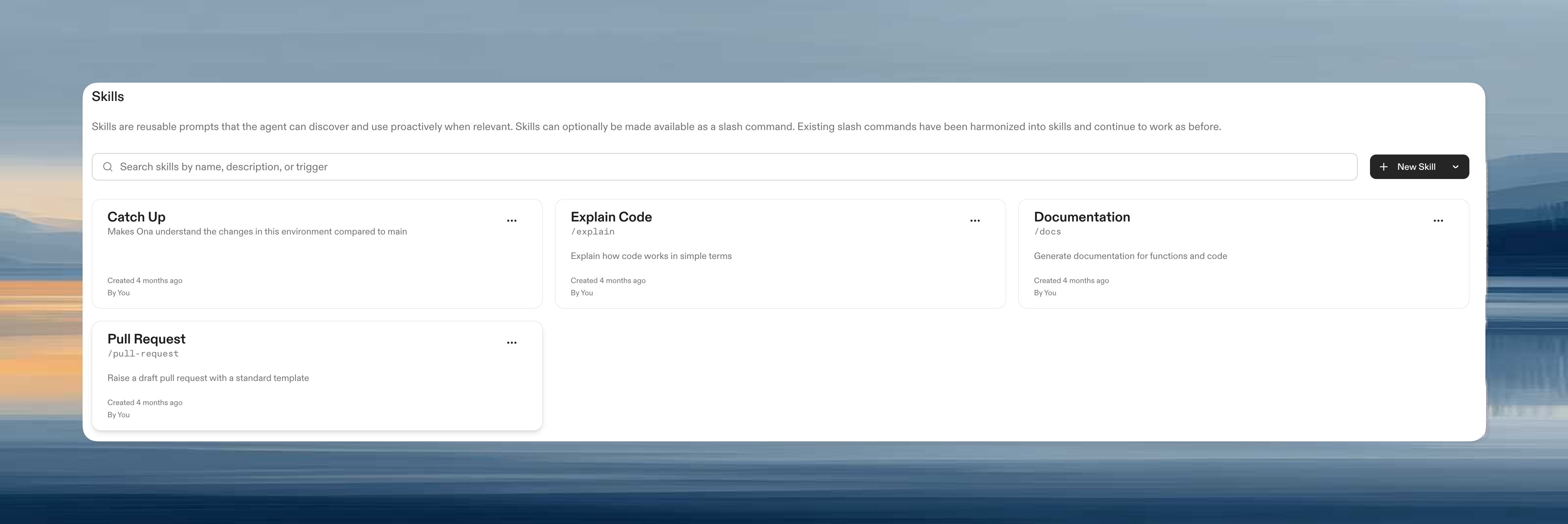Skills settings interface showing available skills