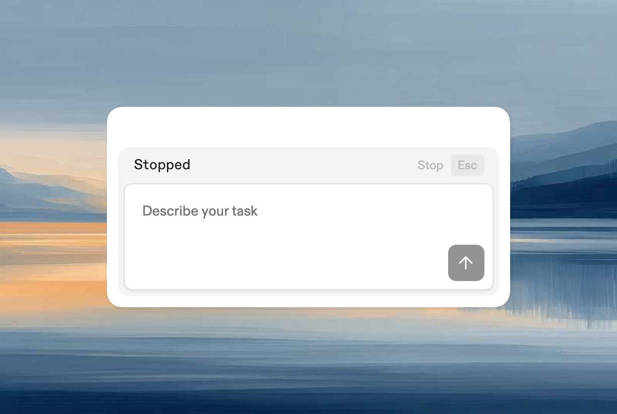 Agent interface showing task input with "Describe your task" placeholder