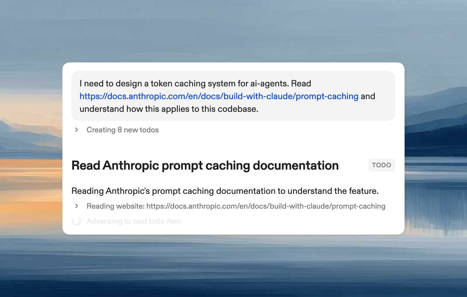 Ona agent reading external documentation (Anthropic prompt caching docs) and creating todos