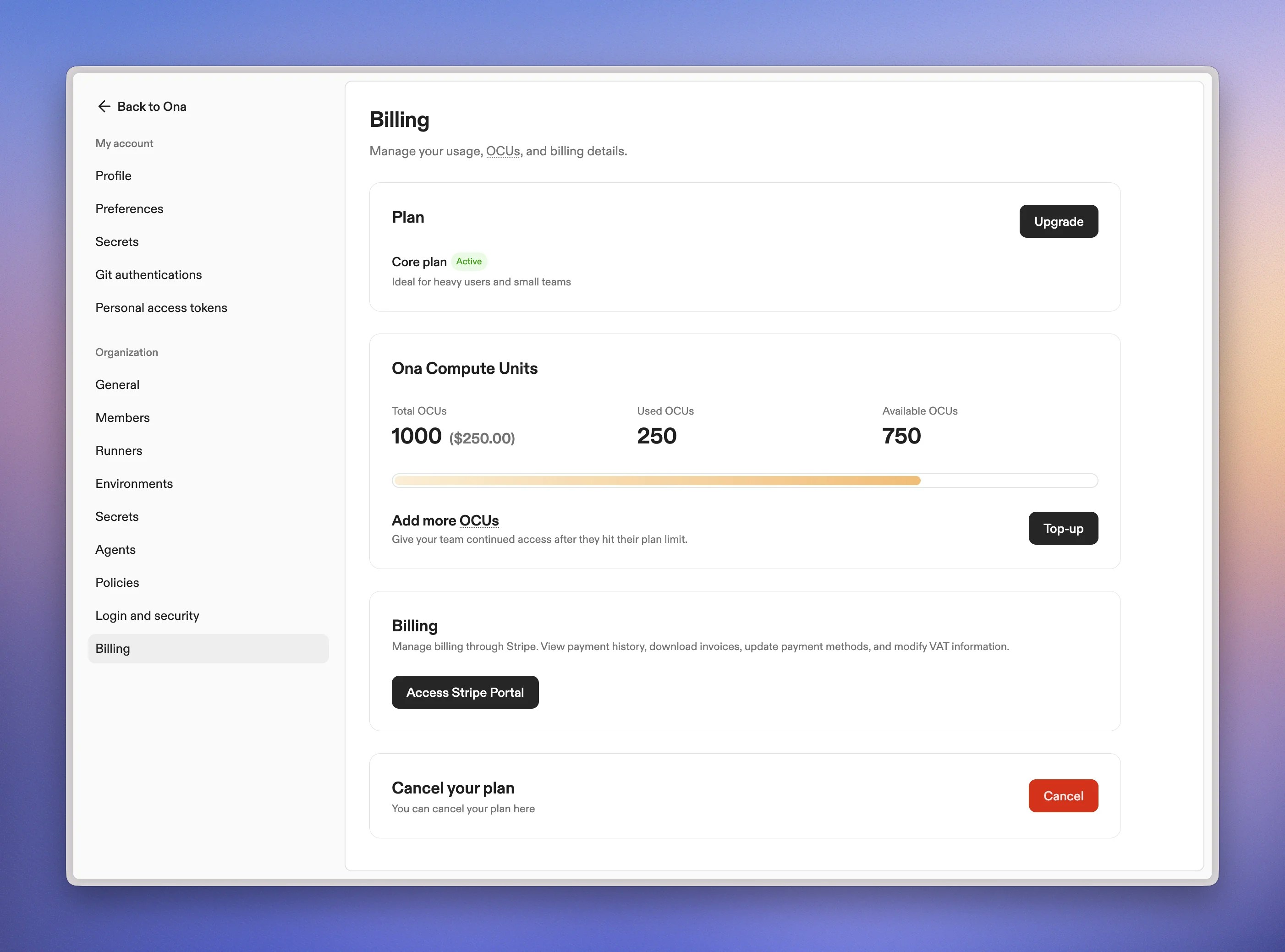 Active organization billing interface showing subscription details and usage