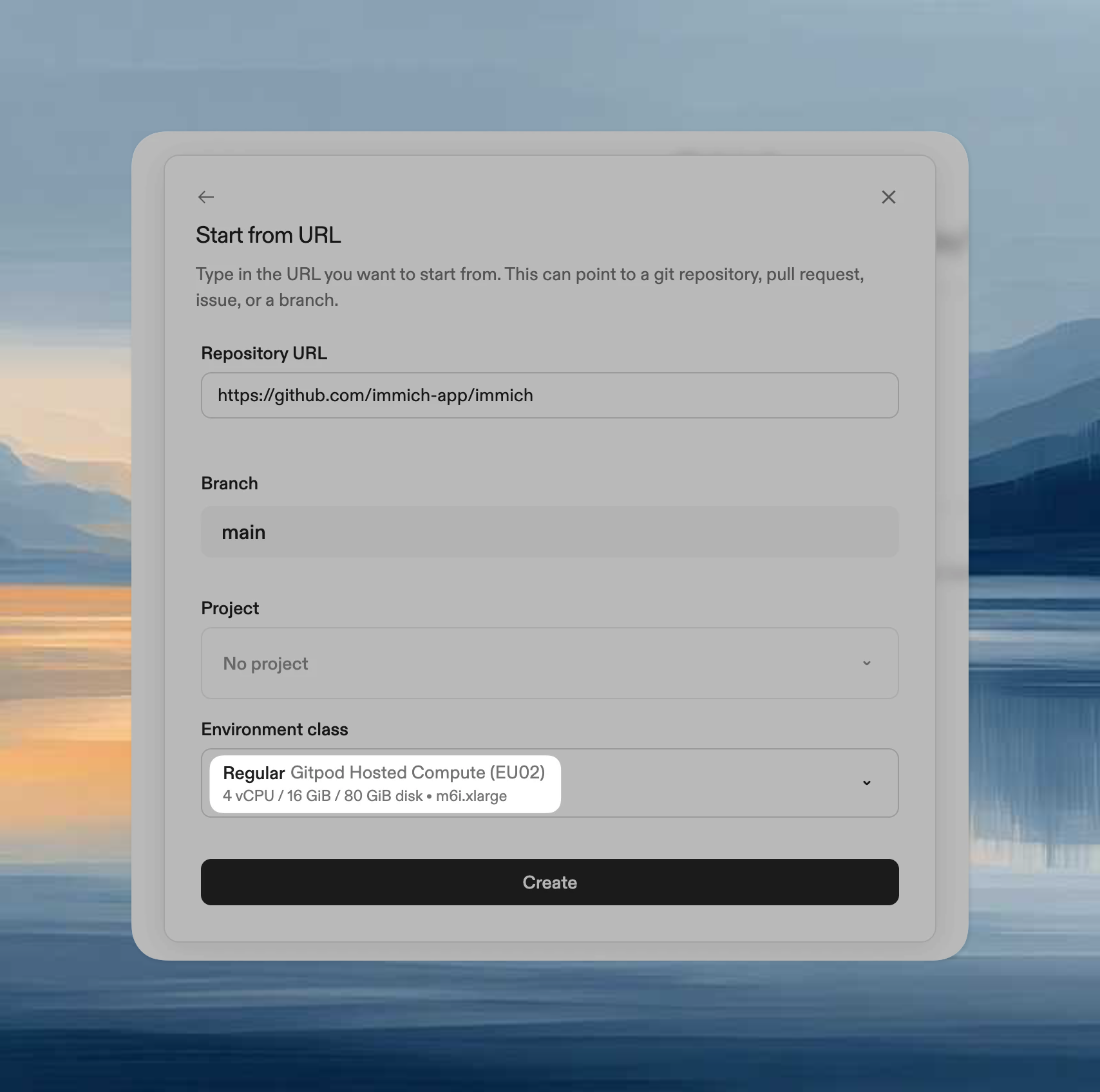 Environment creation dialog showing region dropdown with available Ona Cloud regions