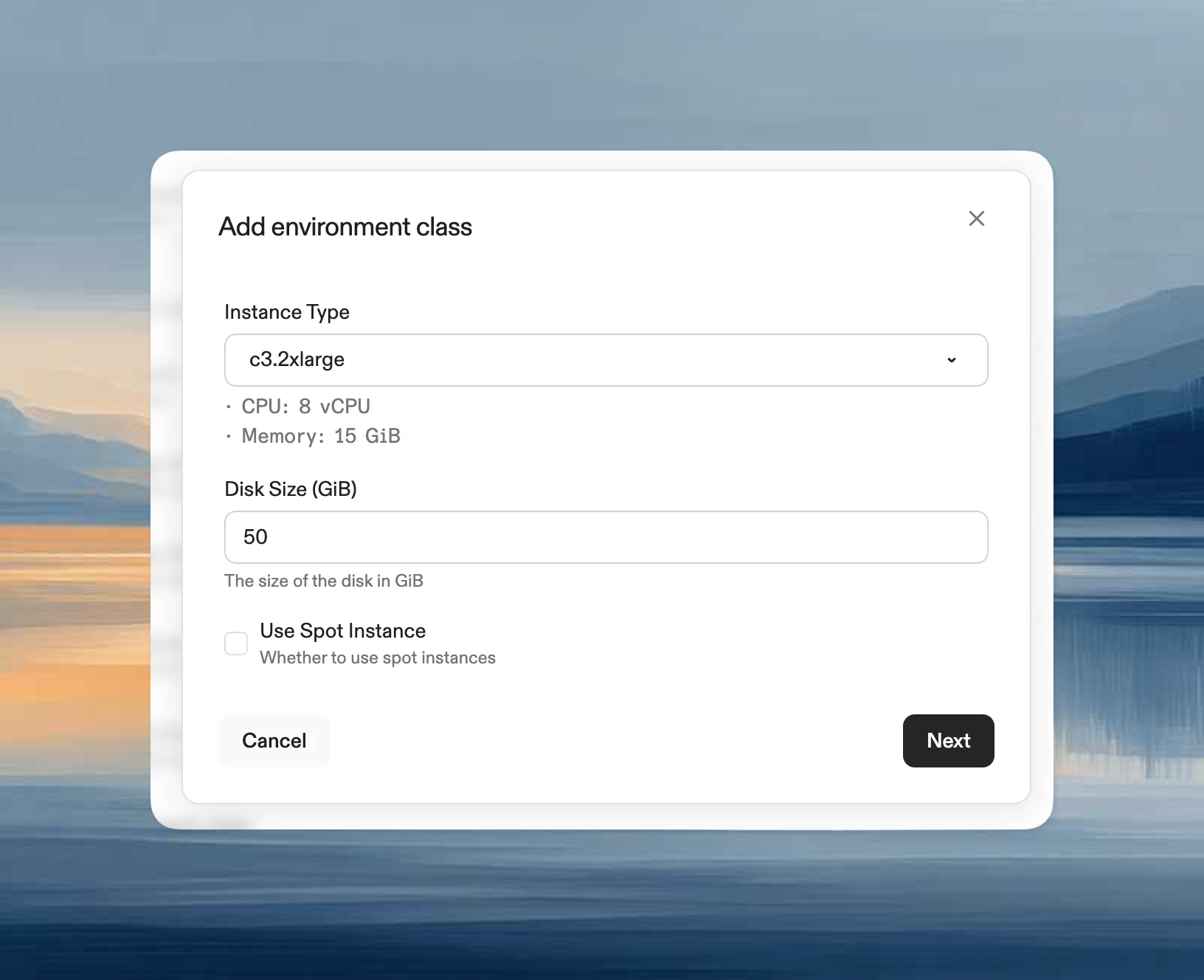 Environment class creation form showing name and description fields