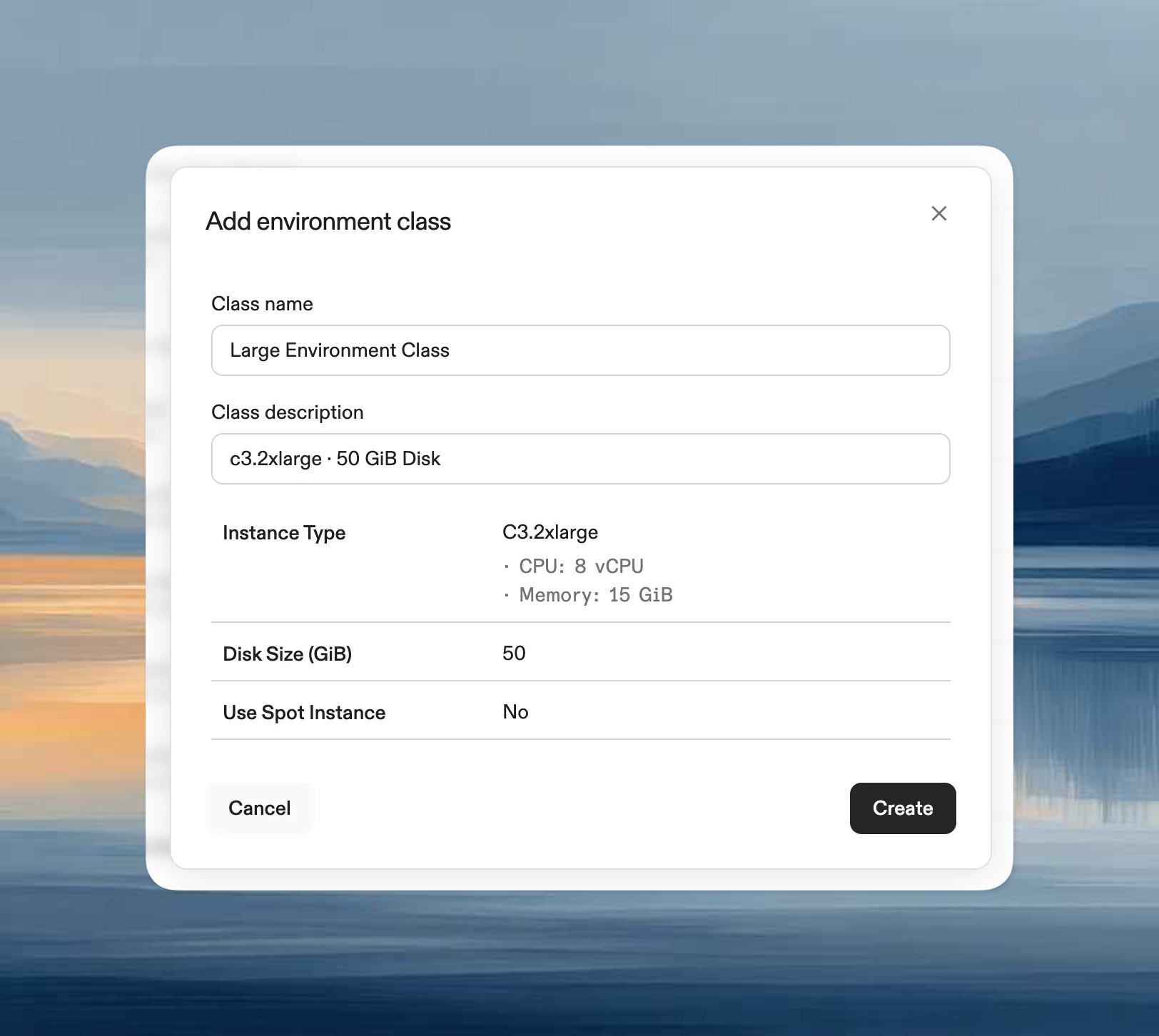 Environment class creation form showing disk size and instance type configuration