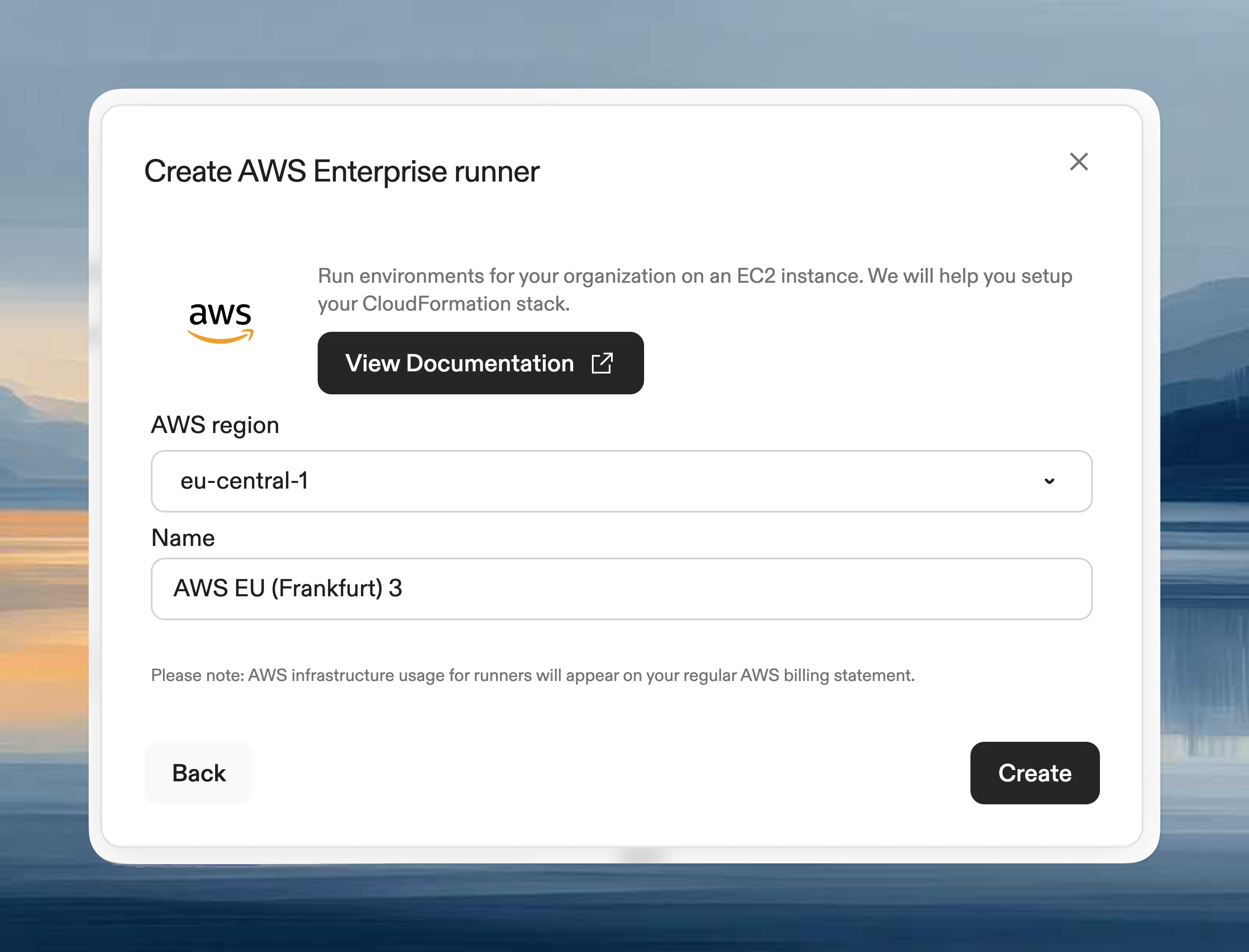 AWS Runner creation form with name field and region selector
