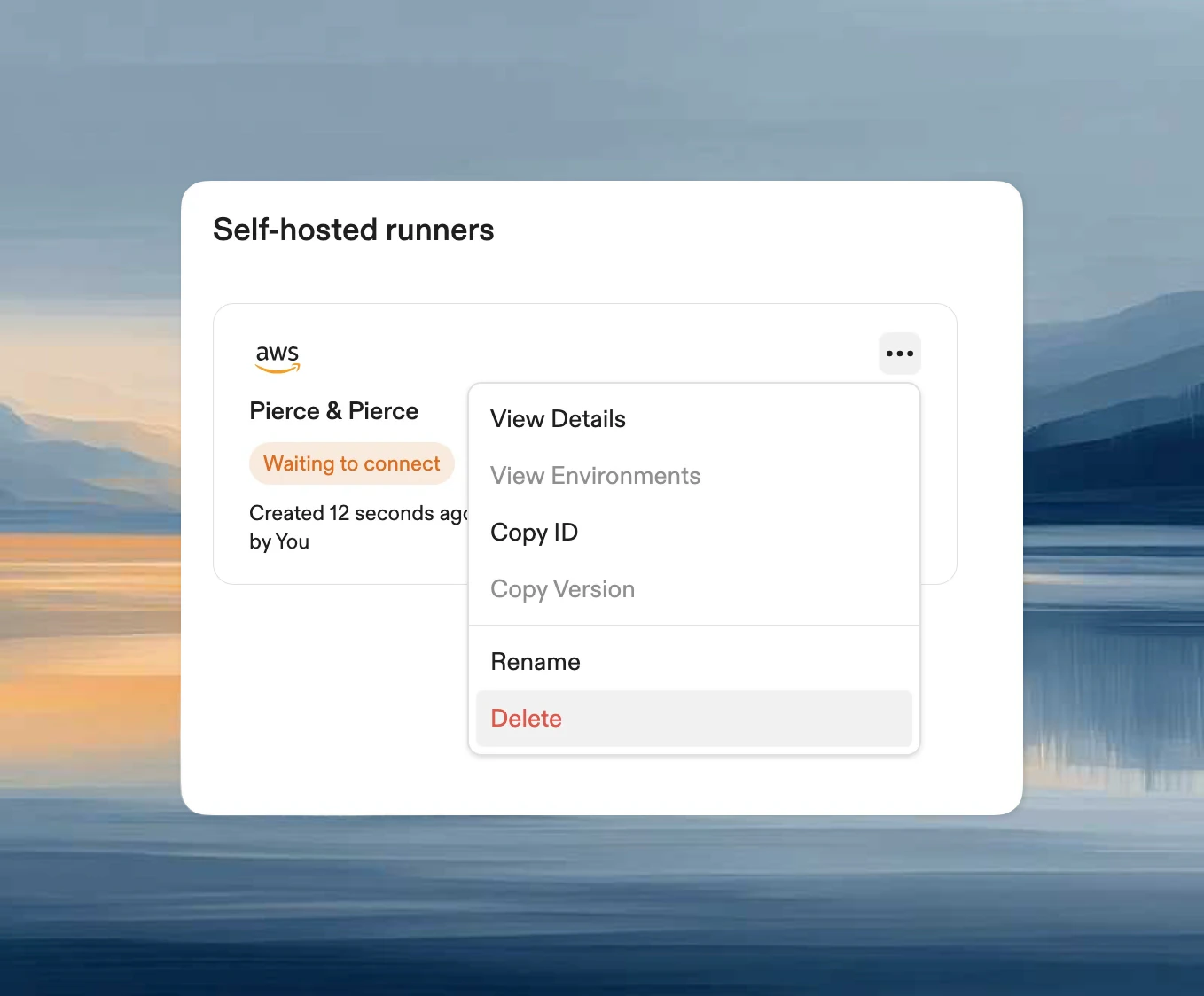 Runner settings page with Delete option in the context menu