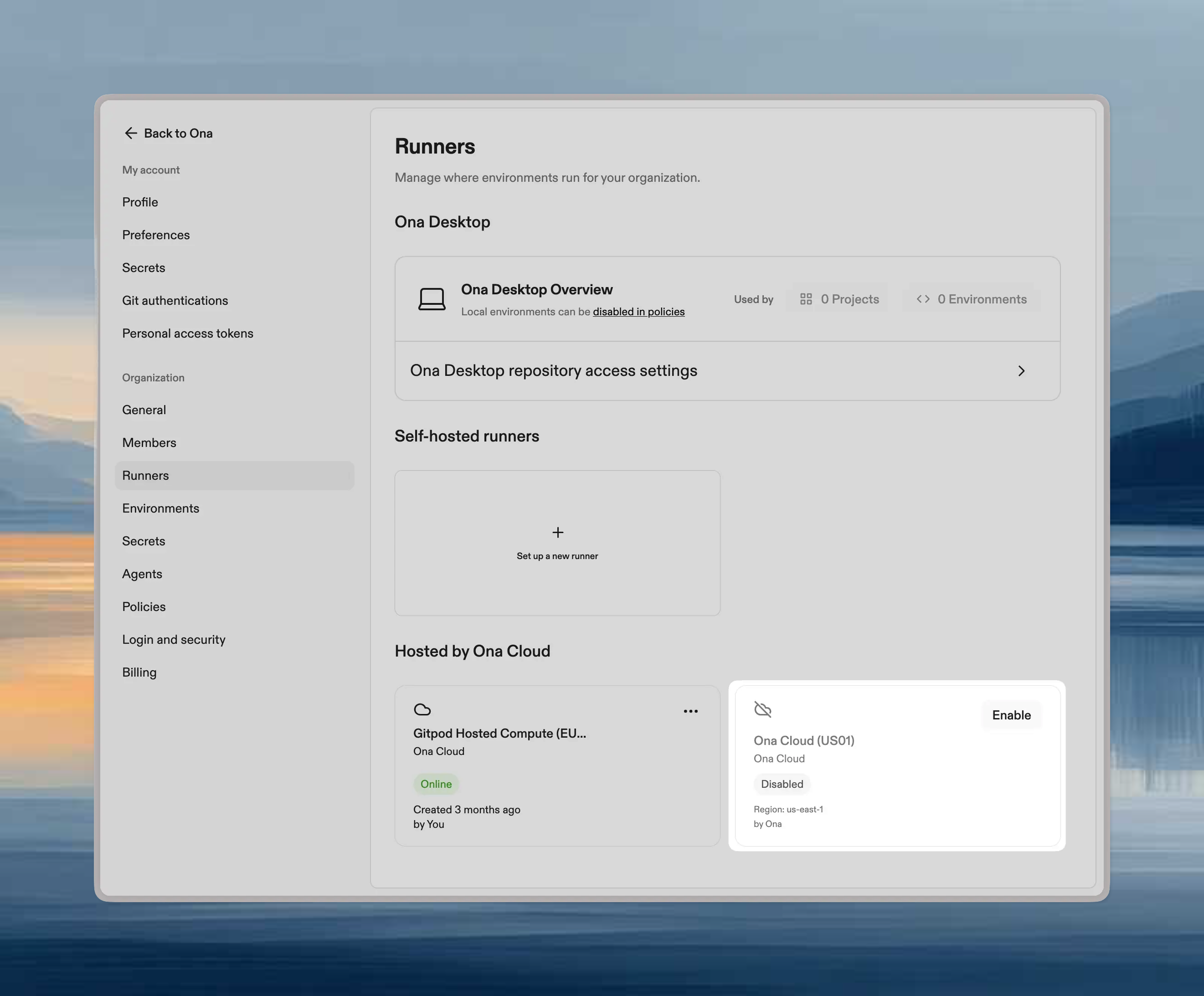 Runners settings page showing available managed runner regions with Enable buttons