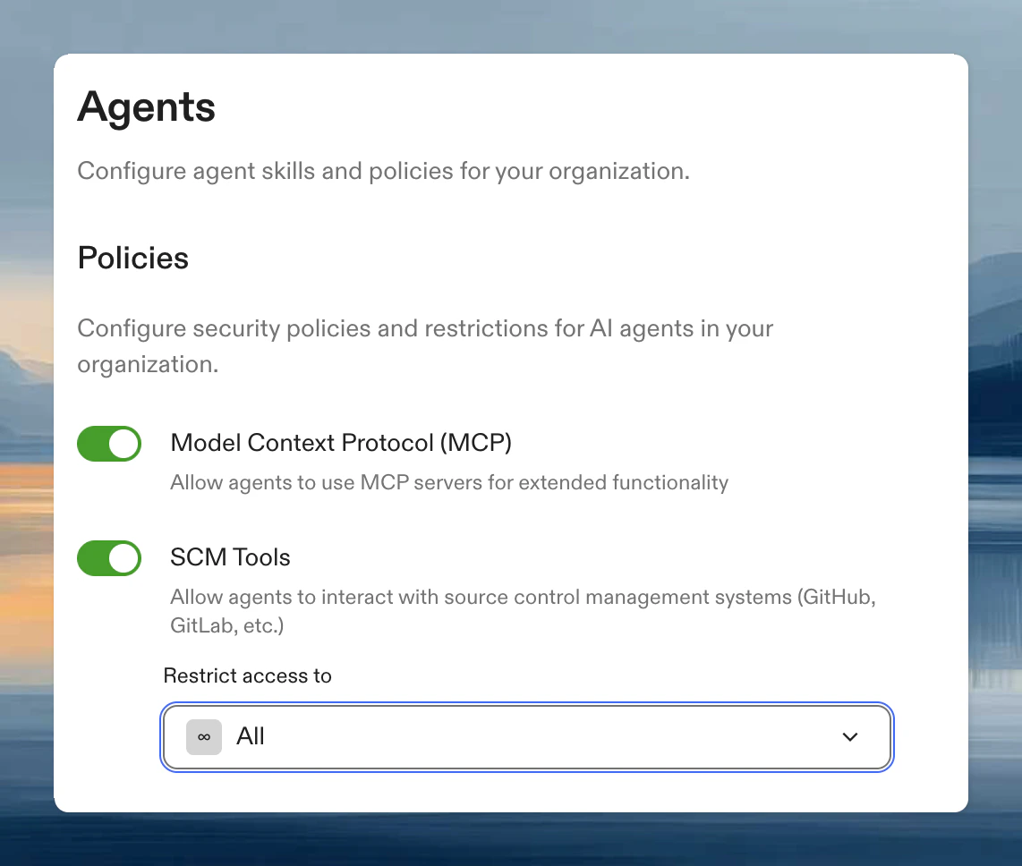 Agent policy settings showing SCM Tools toggle with access restriction options