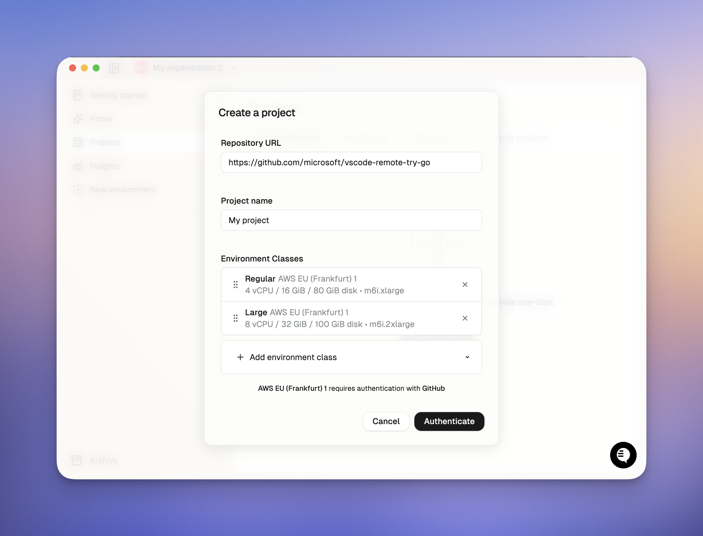 Project creation screen with repository URL, name and environment class list as inputs