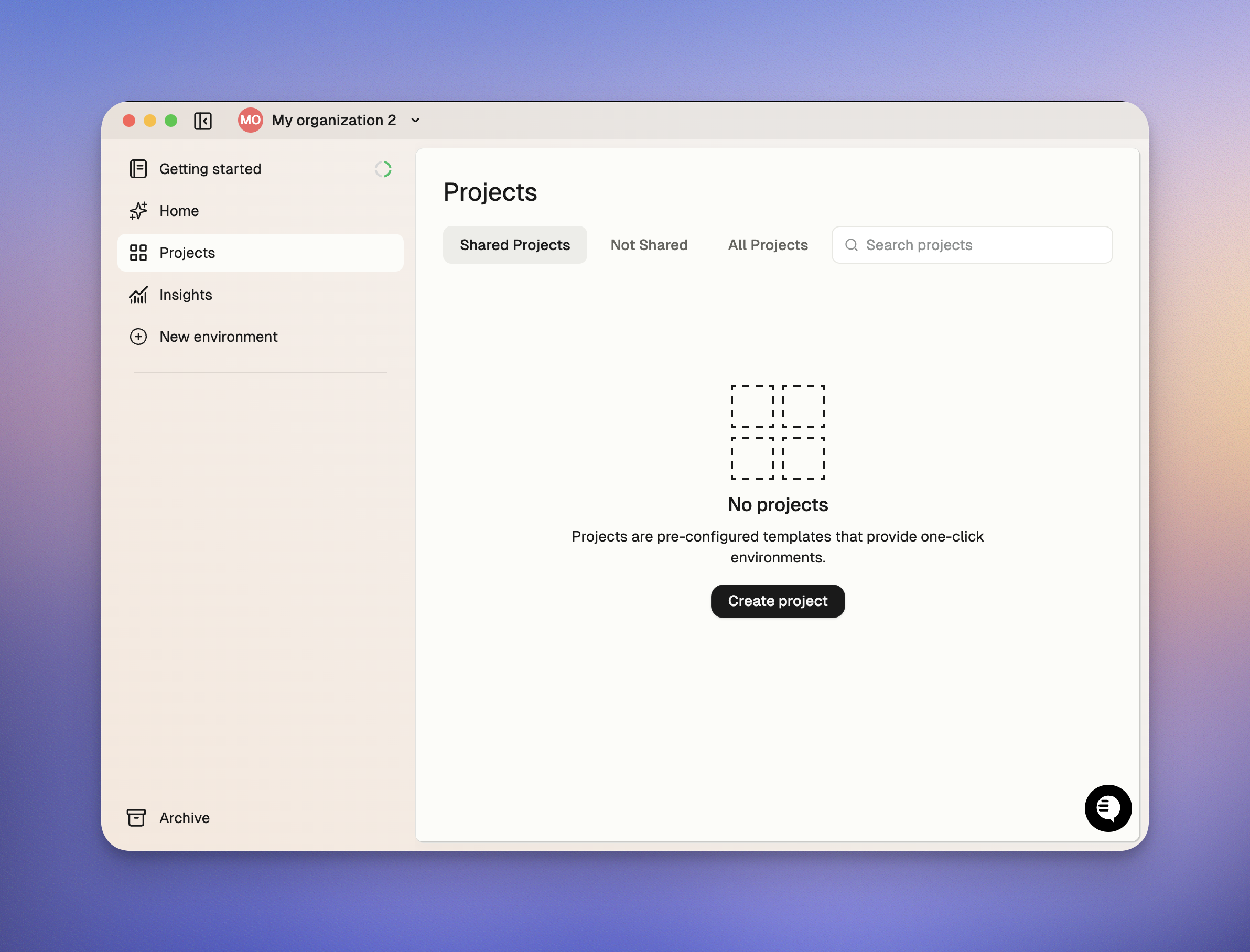 No projects screen showing a Create project button