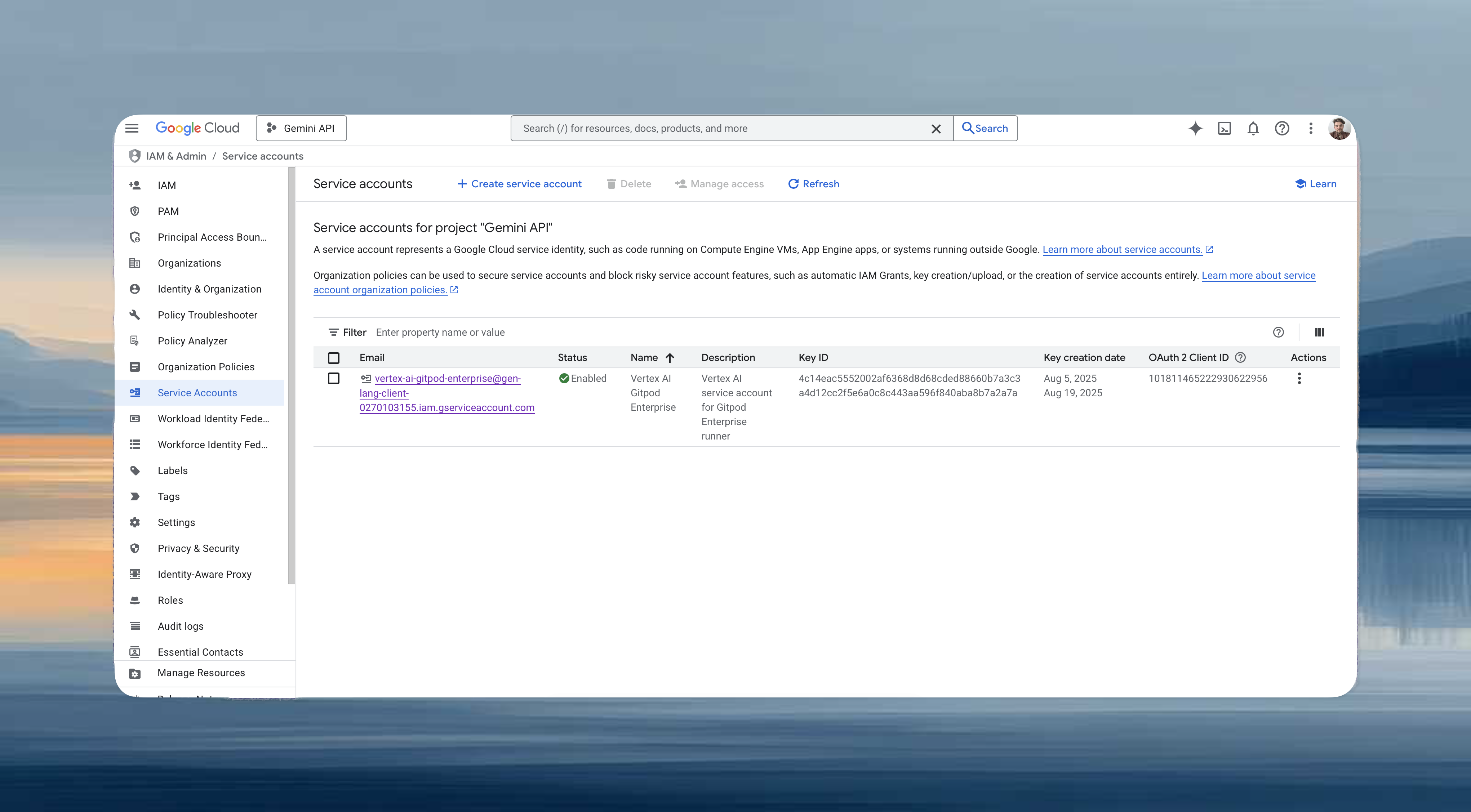 GCP IAM Service Accounts page showing the process of creating a new service account with Vertex AI User role