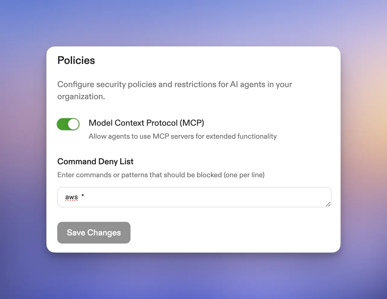 Policies configuration showing MCP toggle and Command Deny List with aws * blocked