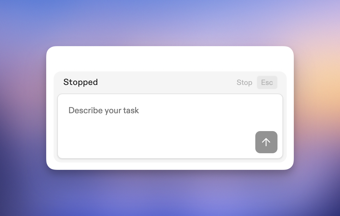 Agent interface showing task input with "Describe your task" placeholder