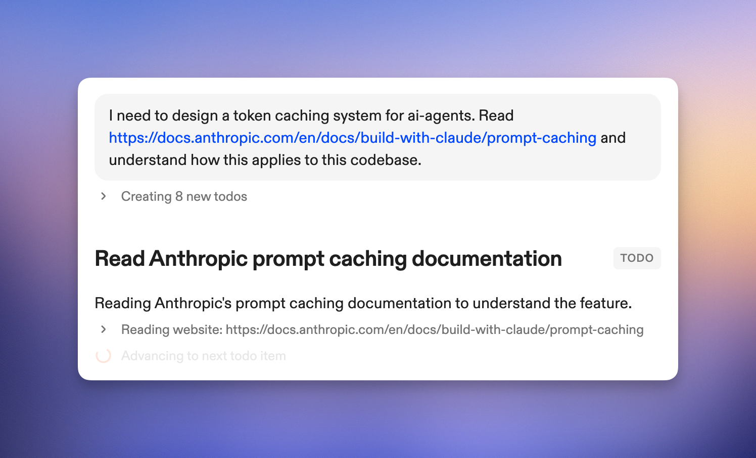 Ona agent reading external documentation (Anthropic prompt caching docs) and creating todos