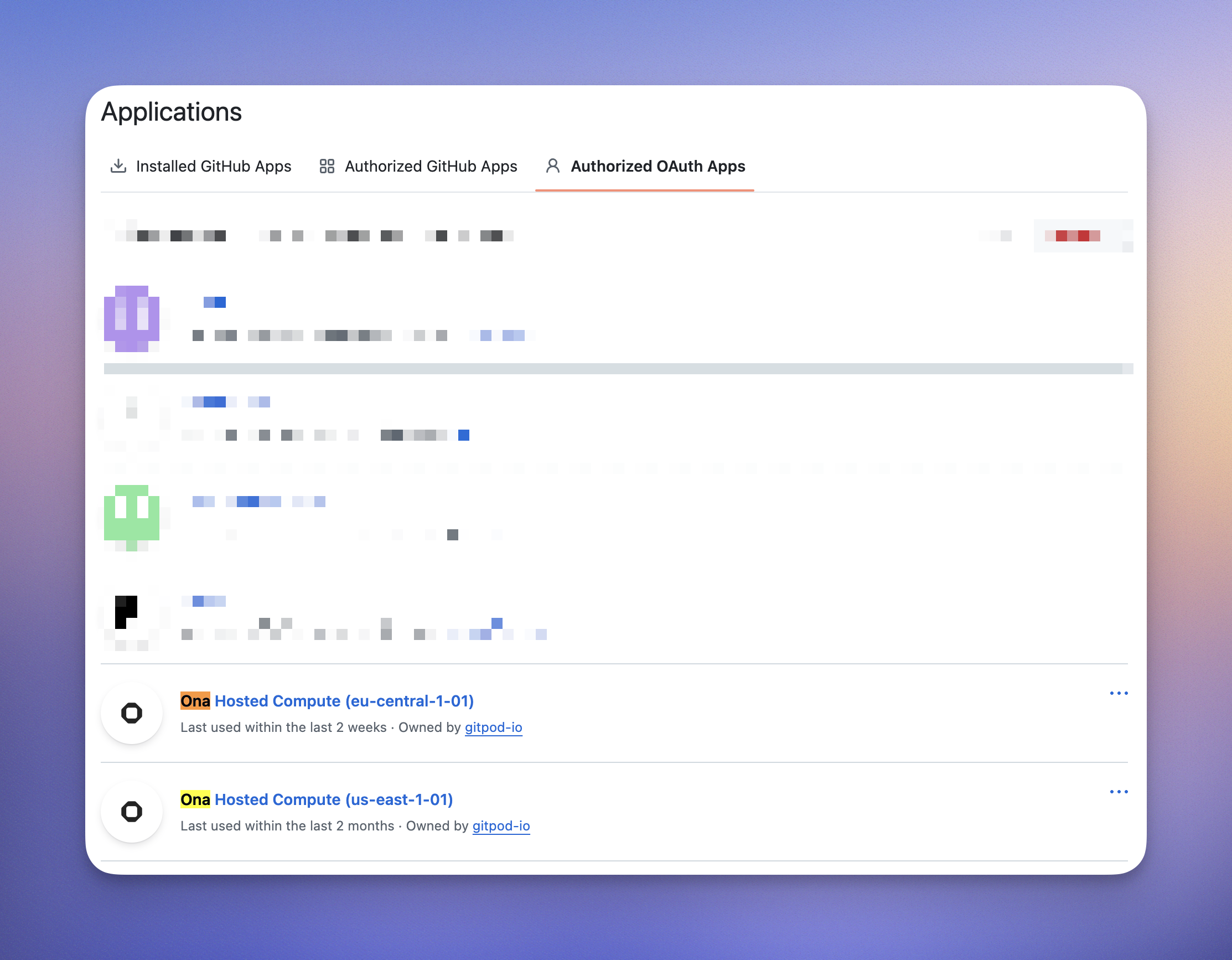 GitHub OAuth Applications list